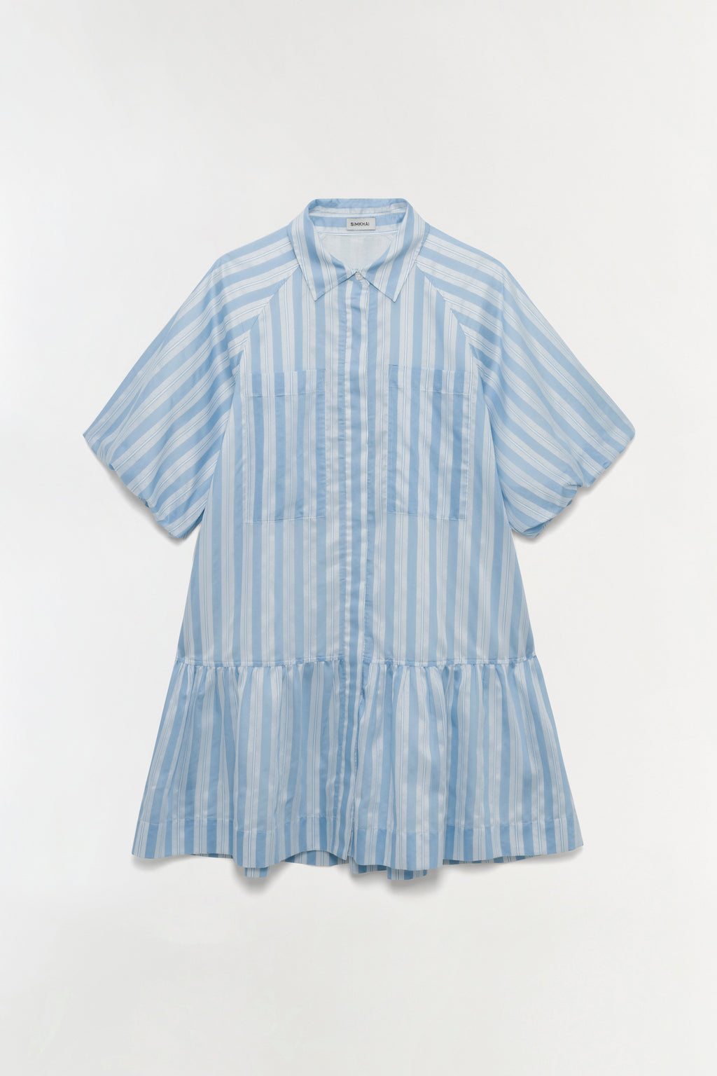 zara blue and white striped dress SIMKHAI Crissy Satin Stripe Drop-Waist Shirt Dress in Blue Size Large