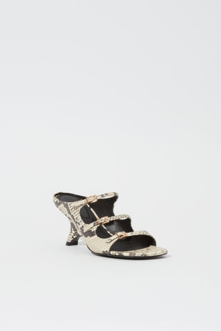 River Snake Print Leather Buckle Mule