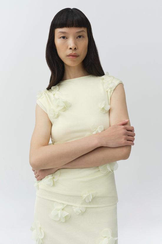 Cream-colored midi skirt with cream floral appliques scattered across the bodice and skirt, shown on model.