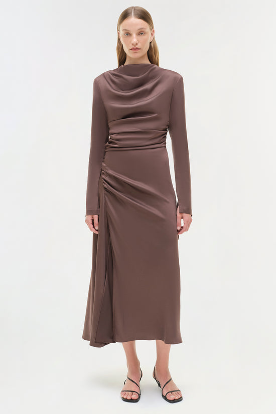 Jazz Pintuck Midi Dress - Chocolate Brown | SIMKHAI Jazz Pintuck Midi Dress - Chocolate Brown | SIMKHAI