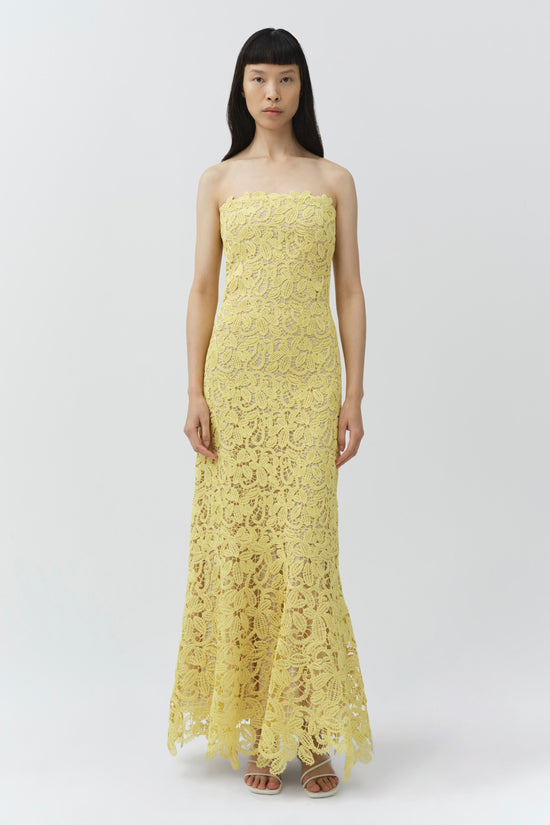 Yellow lace strapless midi dress with floral pattern and scalloped hem.