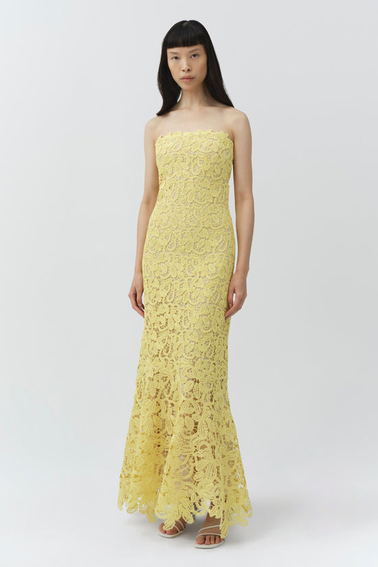 Yellow strapless midi dress with floral lace texture and textured bustier bodice.