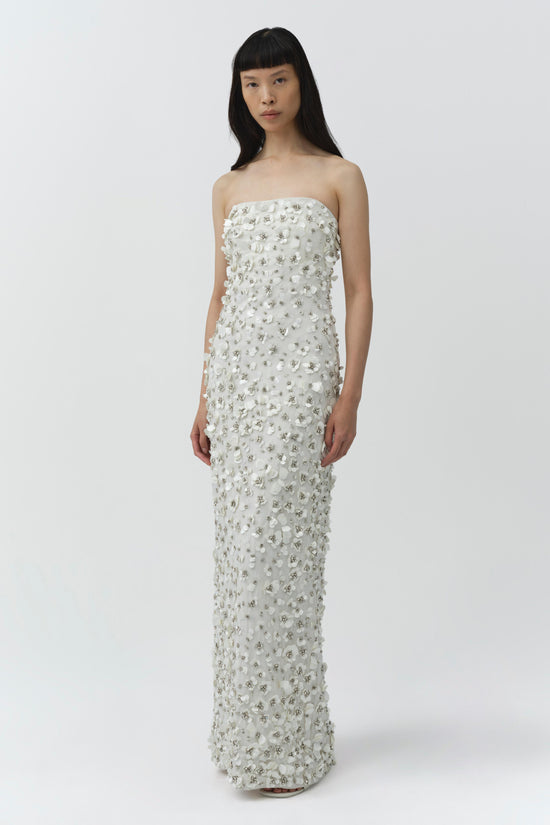 Ivory strapless floor-length gown with all-over beaded and crystal embellishments throughout.