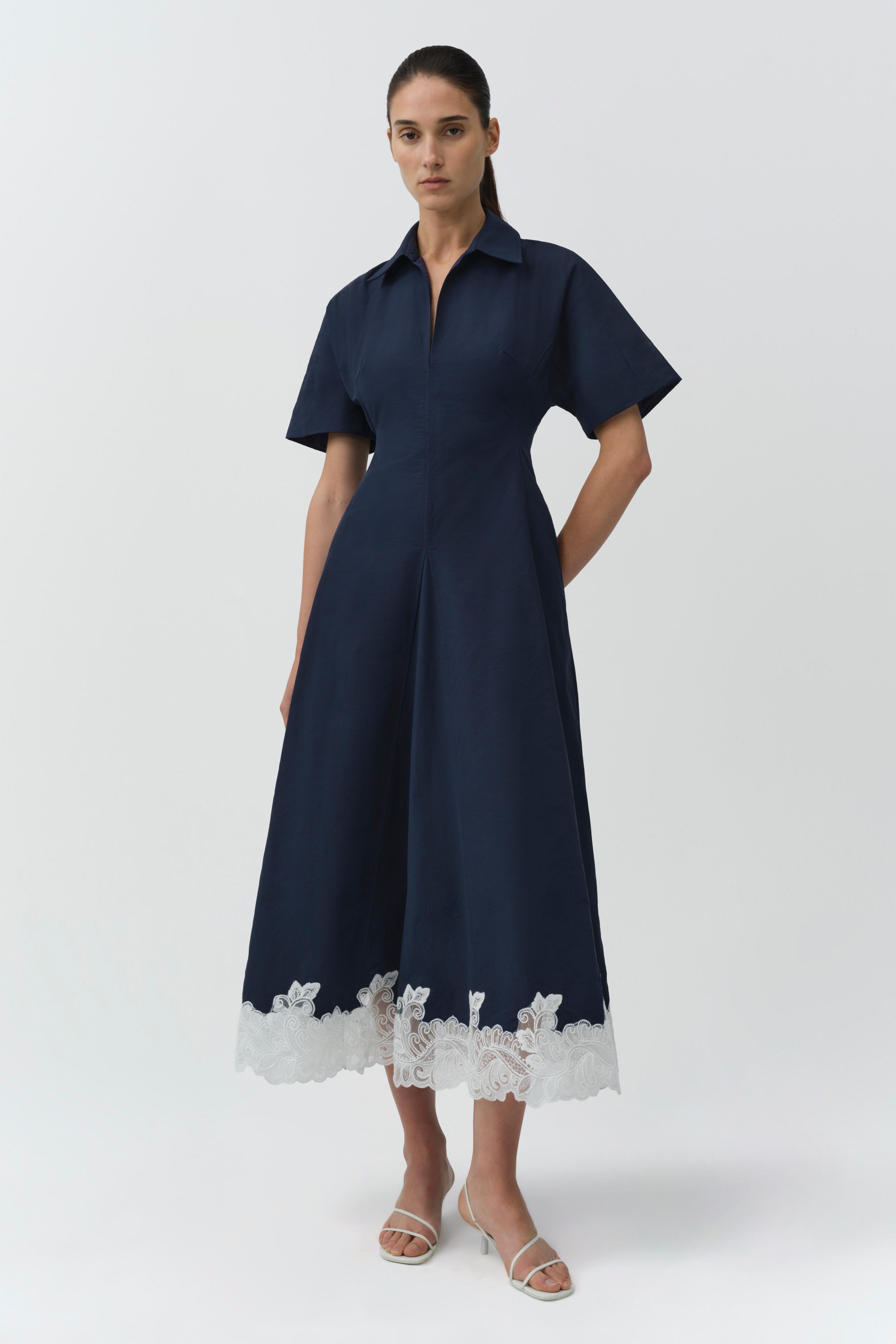 SIMKHAI Women's Nerris Faille Lace Fit & Flare Dress in Blue Size US 0