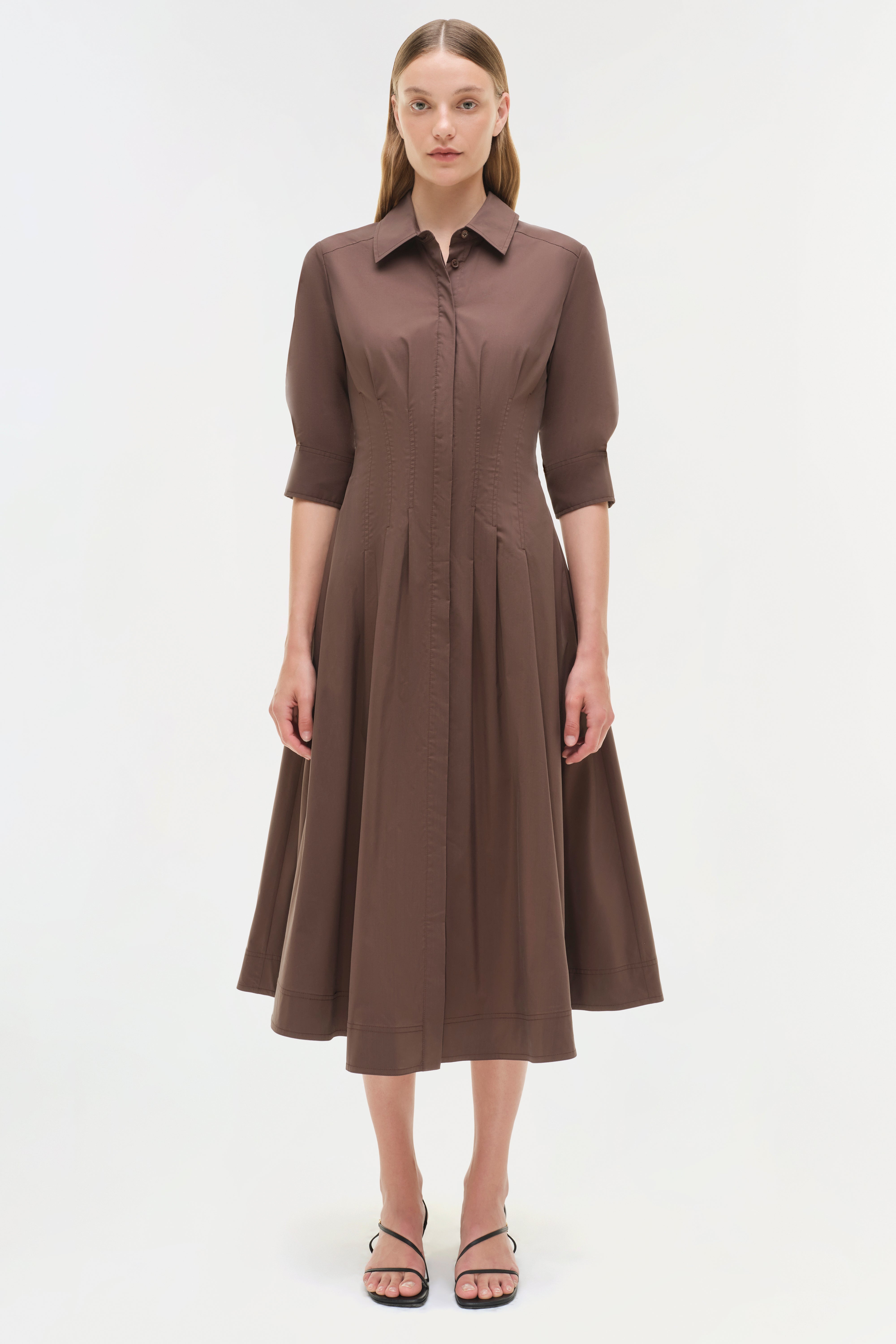 Jazz Pintuck Midi Dress - Chocolate Brown | SIMKHAI Jazz Pintuck Midi Dress - Chocolate Brown | SIMKHAI