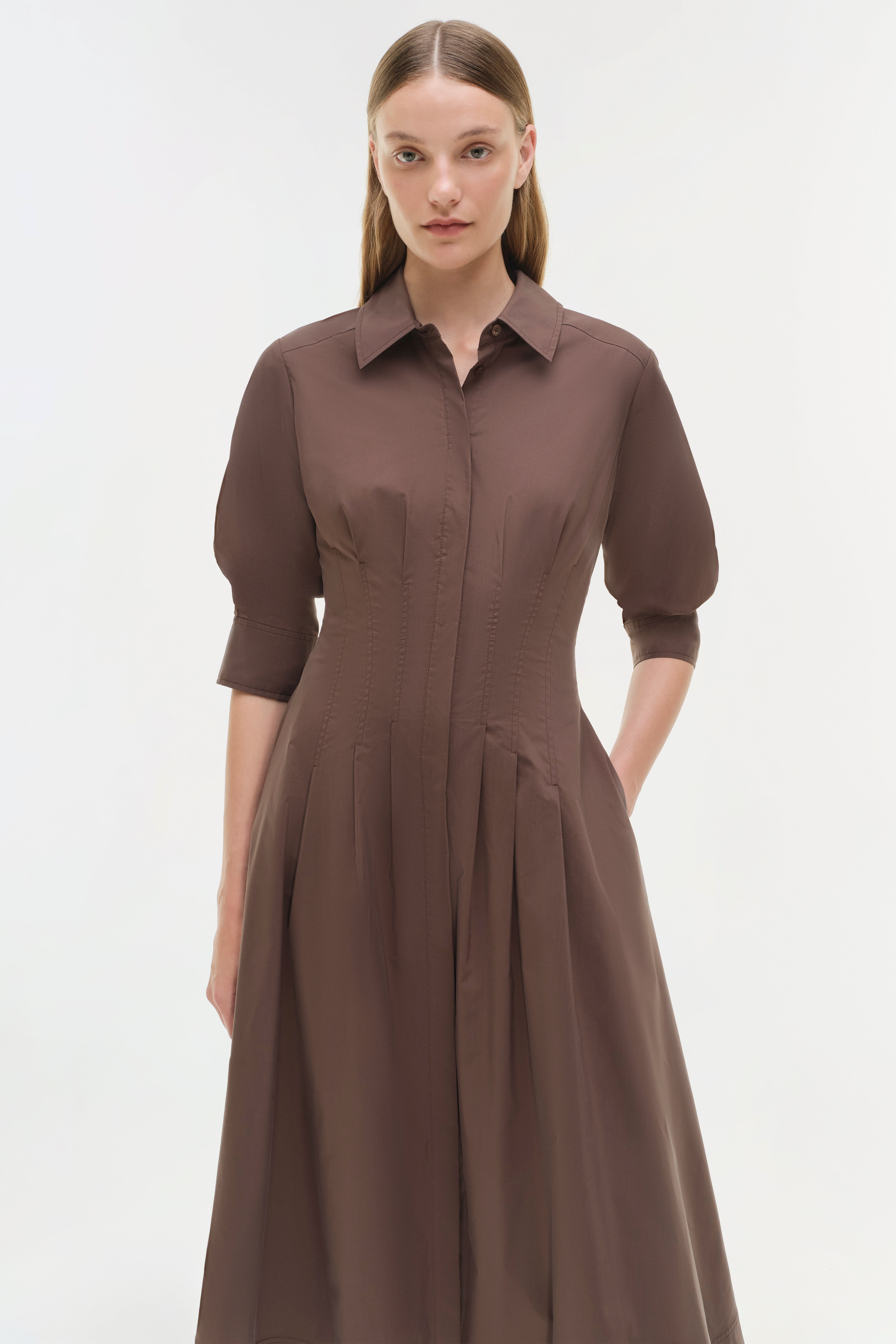 Jazz Pintuck Midi Dress - Chocolate Brown | SIMKHAI Jazz Pintuck Midi Dress - Chocolate Brown | SIMKHAI