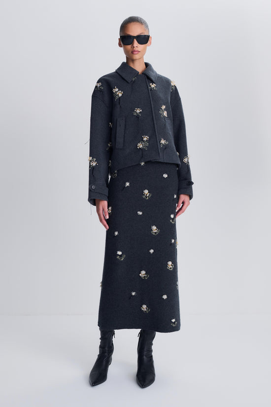Black wool jacket with gold and silver crystal embellishments throughout, cropped silhouette, collared neckline.