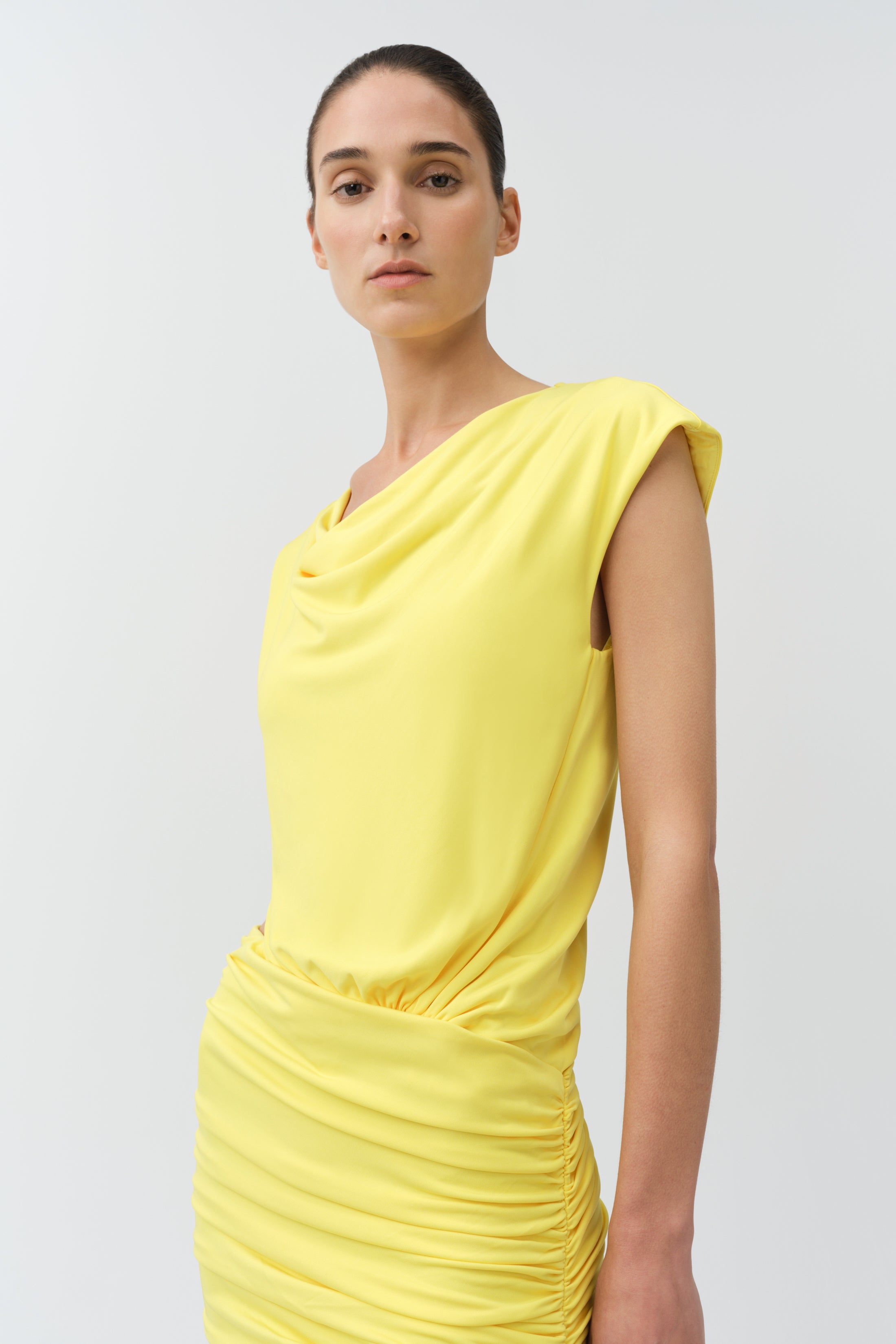 draped jersey dress SIMKHAI Nyla Draped Jersey Mini Dress in Yellow