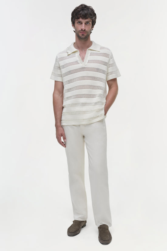 Men's short-sleeve polo shirt in cream with horizontal striped mesh pattern and collar.