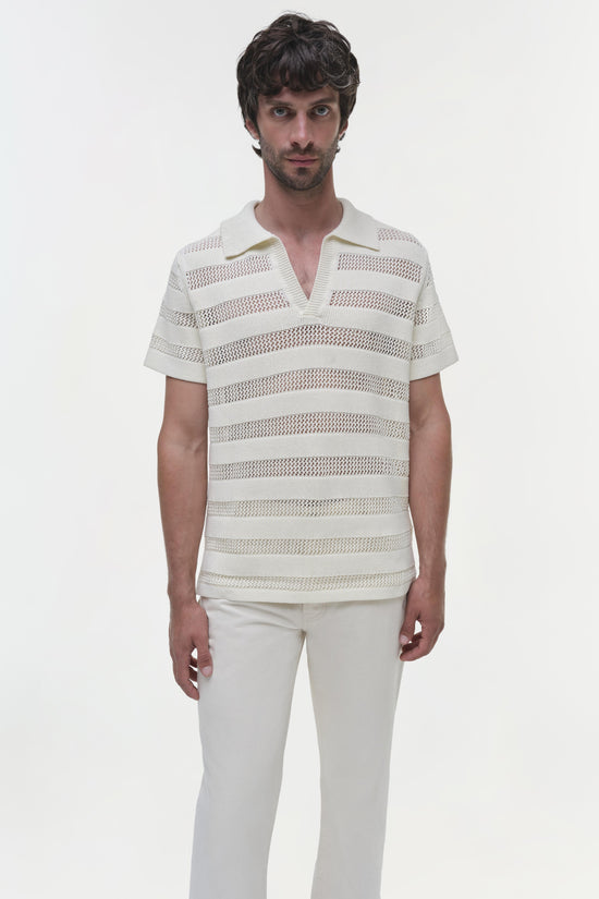 Men's short-sleeve polo with horizontal striped mesh pattern in cream and tan.
