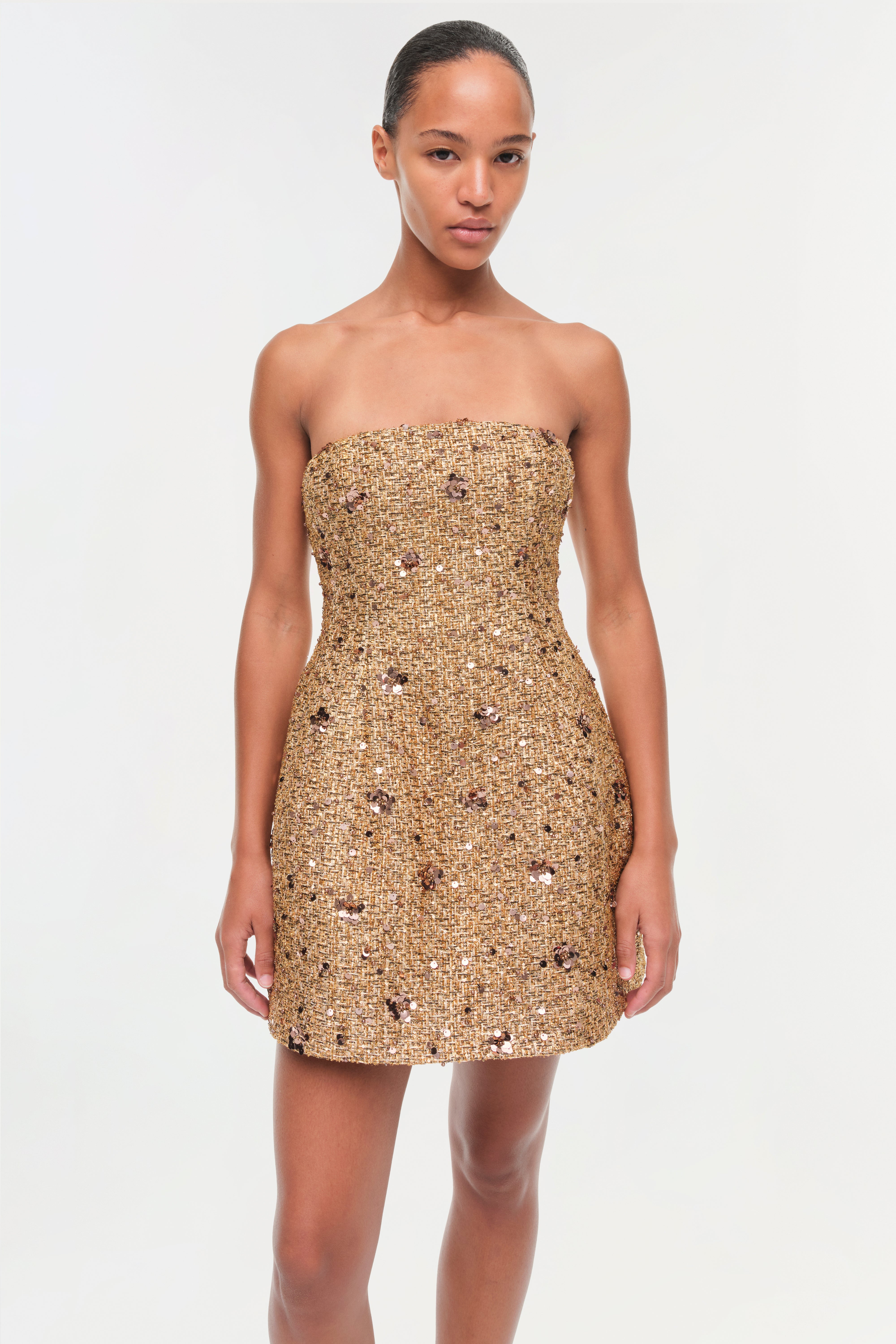 SIMKHAI Women's Kit Gilded Tweed Mini Dress in Gold Multi, Sequin, Size 4 SIMKHAI Women's Kit Gilded Tweed Mini Dress in Gold Multi, Sequin, Size 4