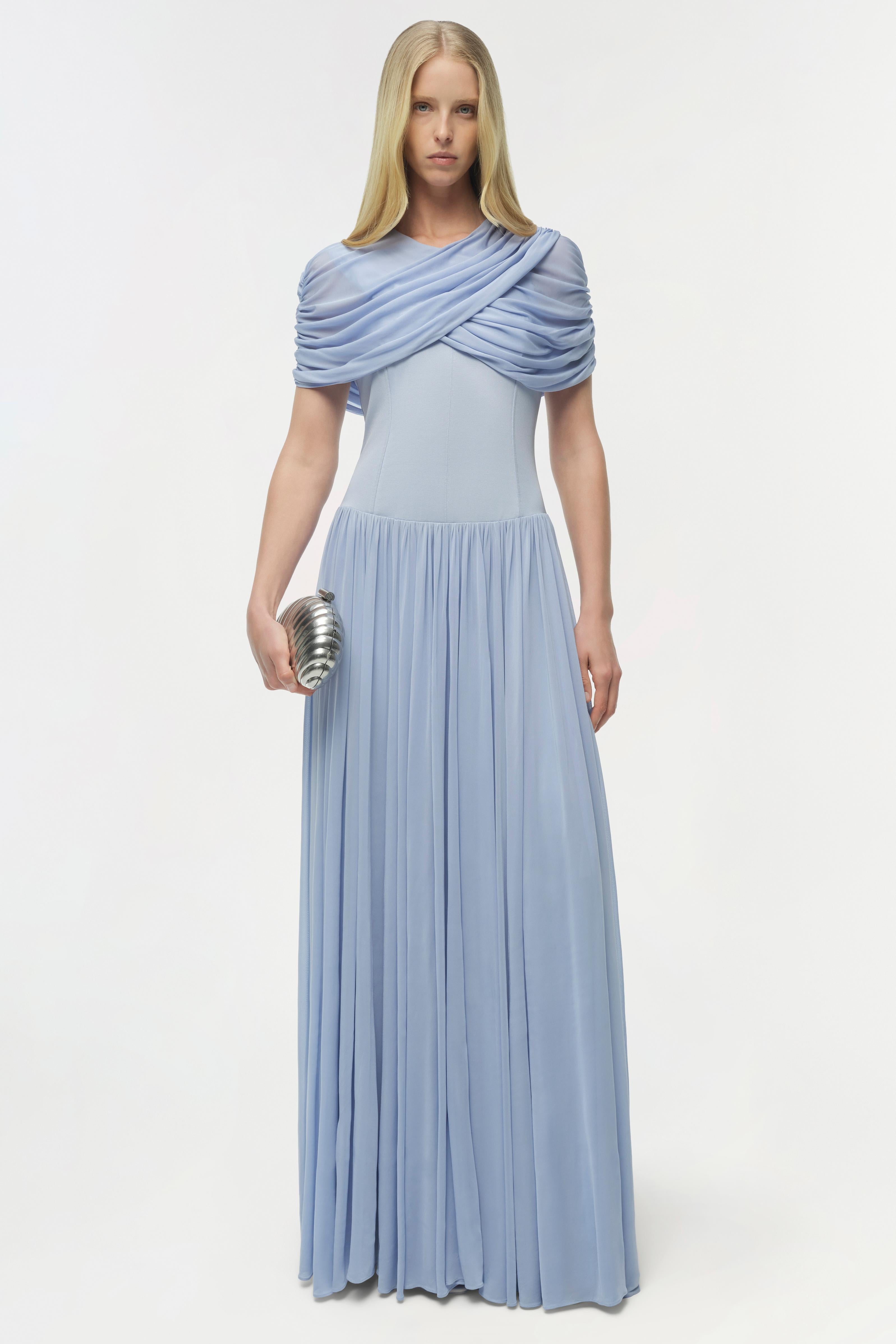 pleated cape detail bridesmaid maxi dress Champagne Coast Cape Back Pleat Detail Bridesmaid Dress