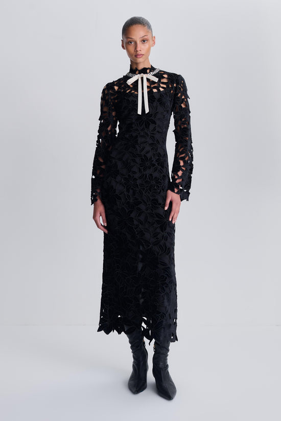 Thiora Velvet Embroidered Lace Midi Dress