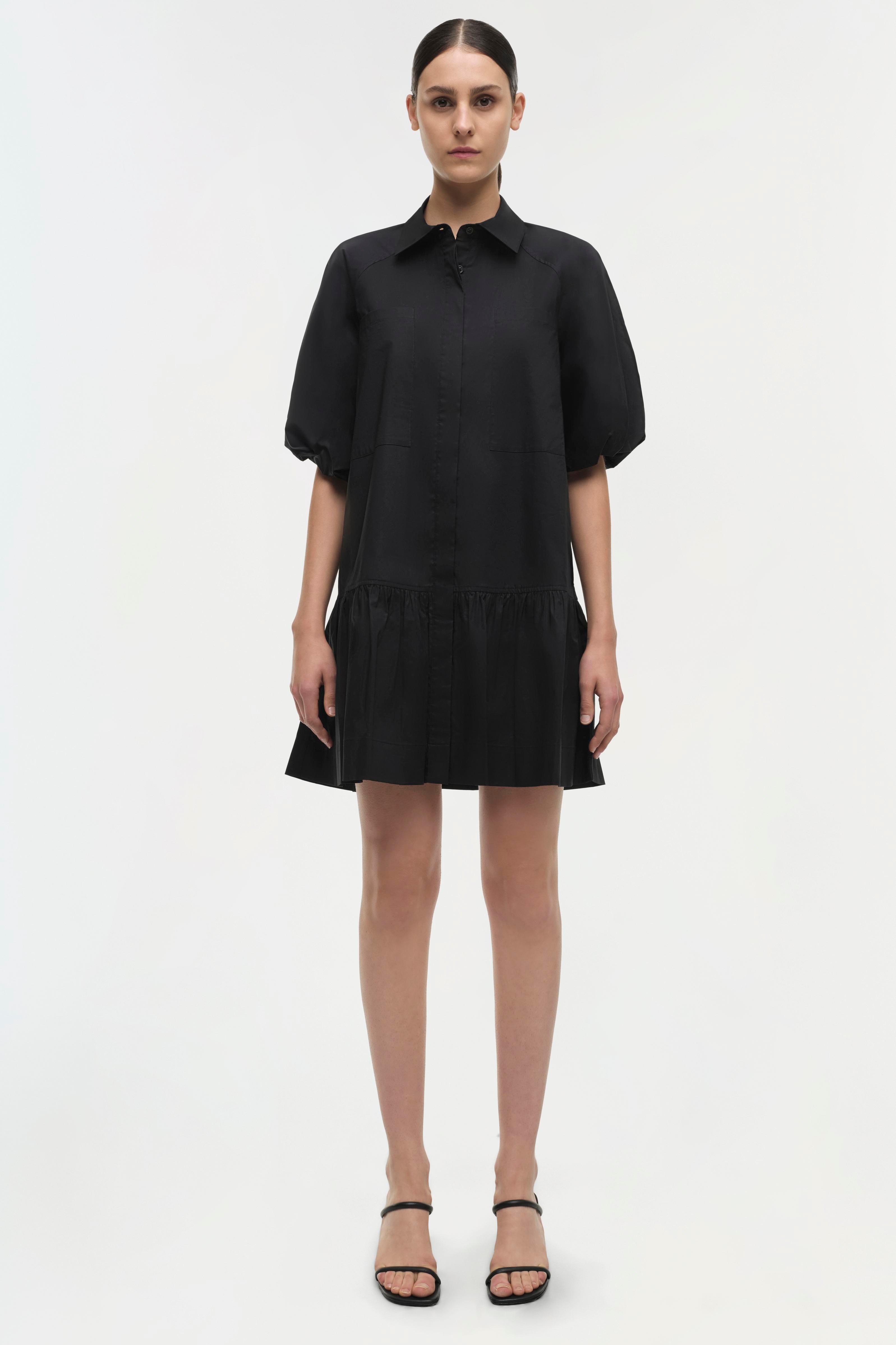 Crissy Balloon Short Sleeves Mini Shirt Dress - Black