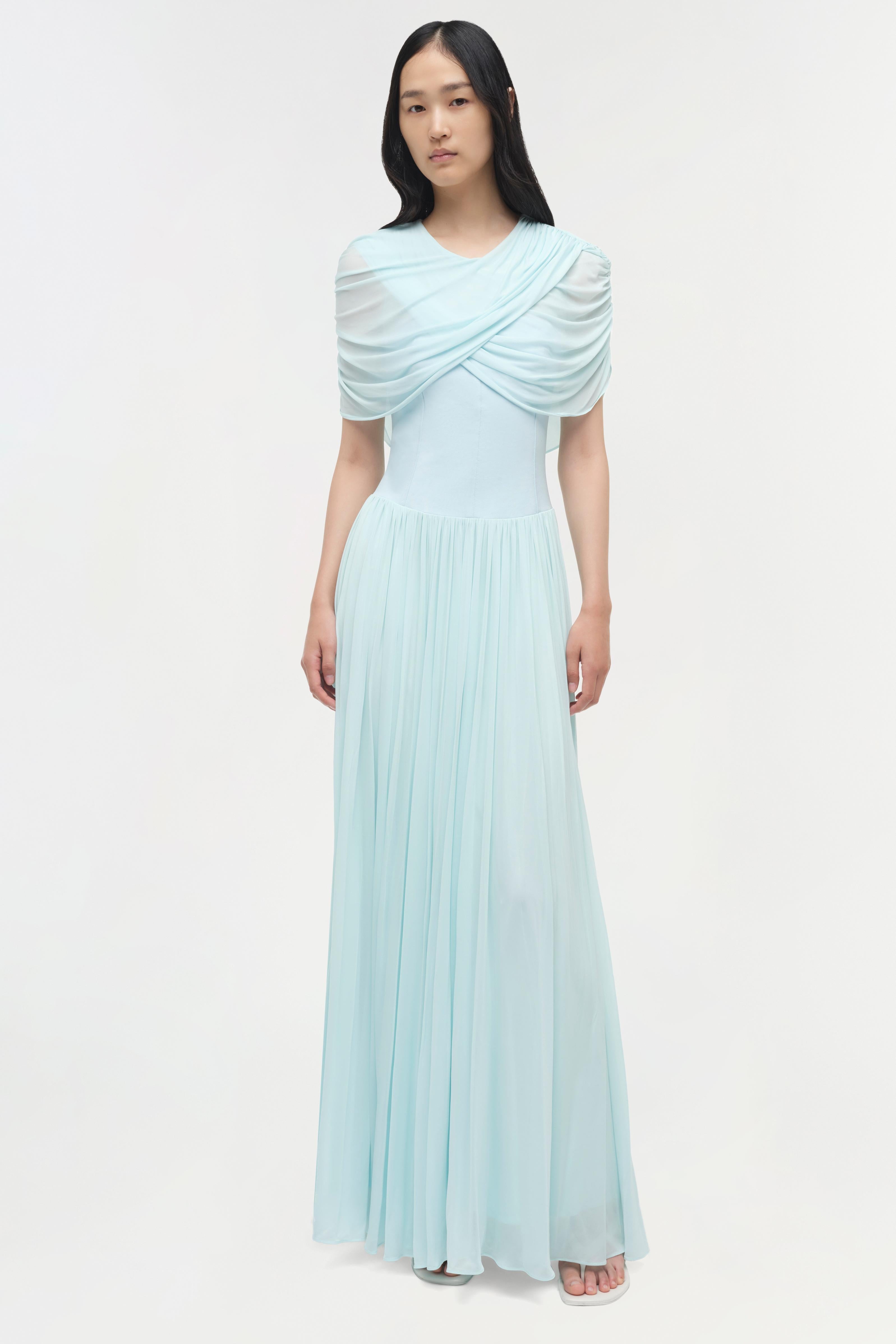 Simkhai Women's Nancie Draped Jersey Cape Maxi Dress in Sky, Size 2 Simkhai Women's Nancie Draped Jersey Cape Maxi Dress in Sky, Size 2