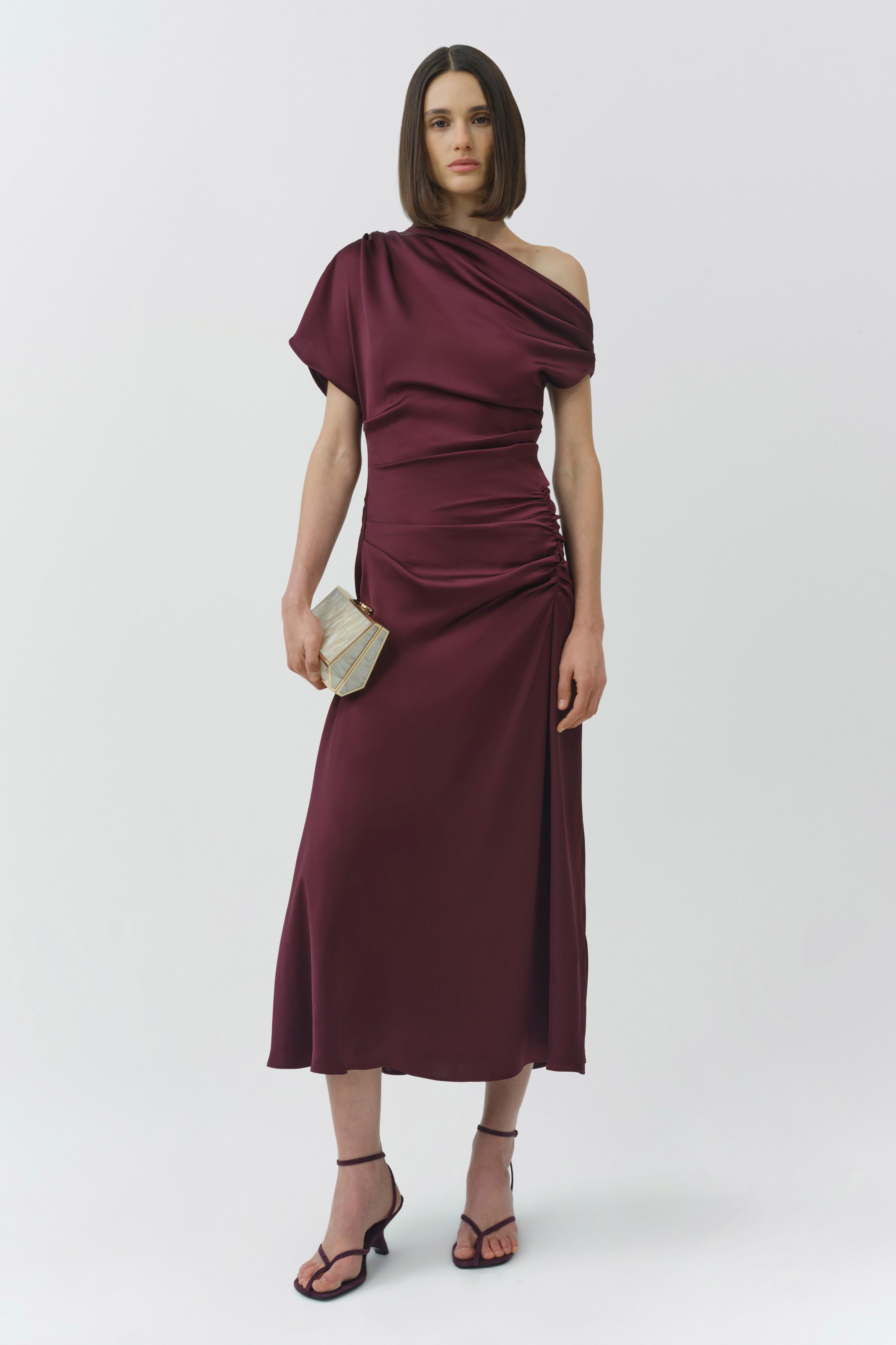 SIMKHAI Women's Joanna Off Shoulder Satin Midi Dress in Fig, Size 12