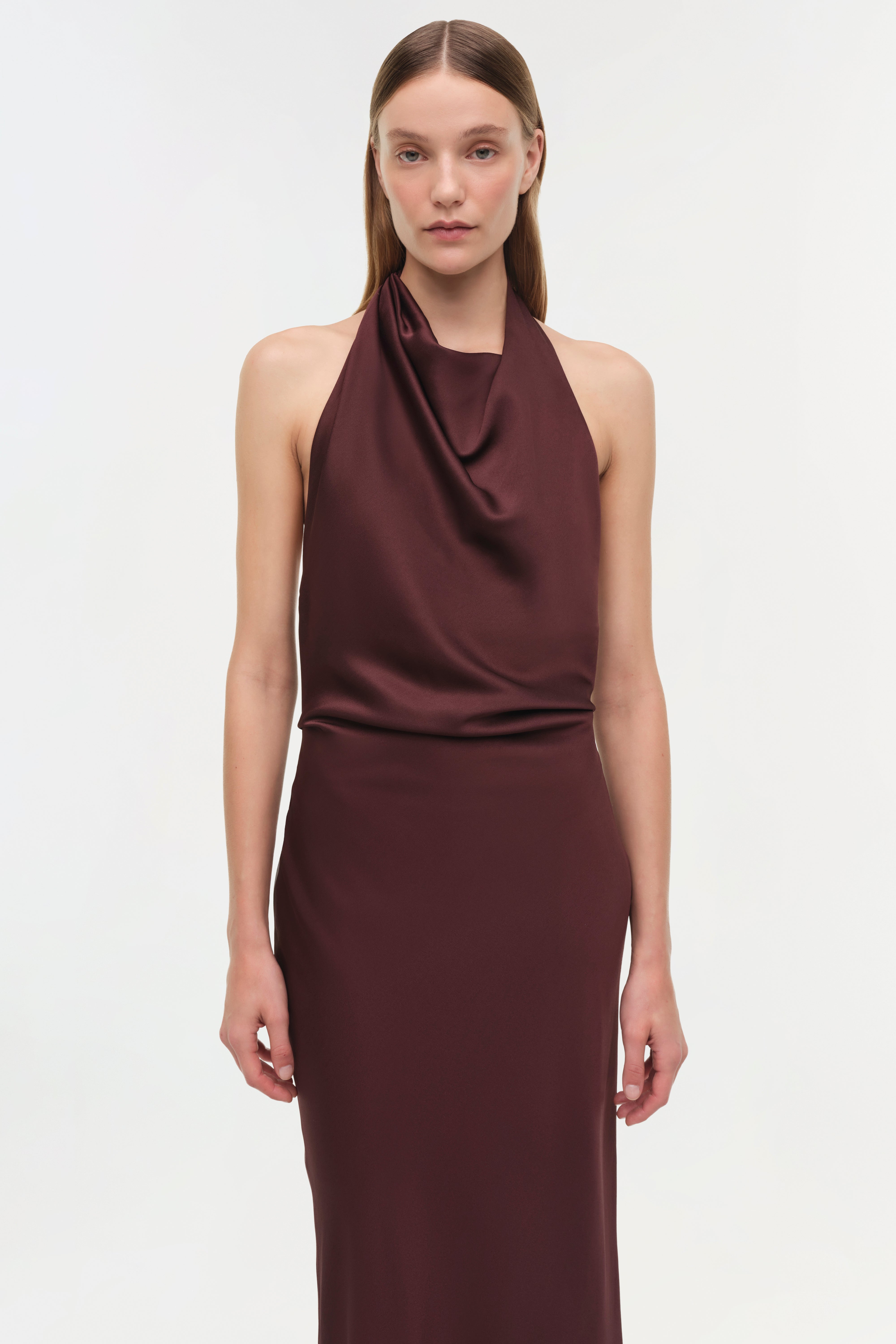 SIMKHAI Reannon Draped Gown in Chocolate SIMKHAI Reannon Draped Gown in Chocolate