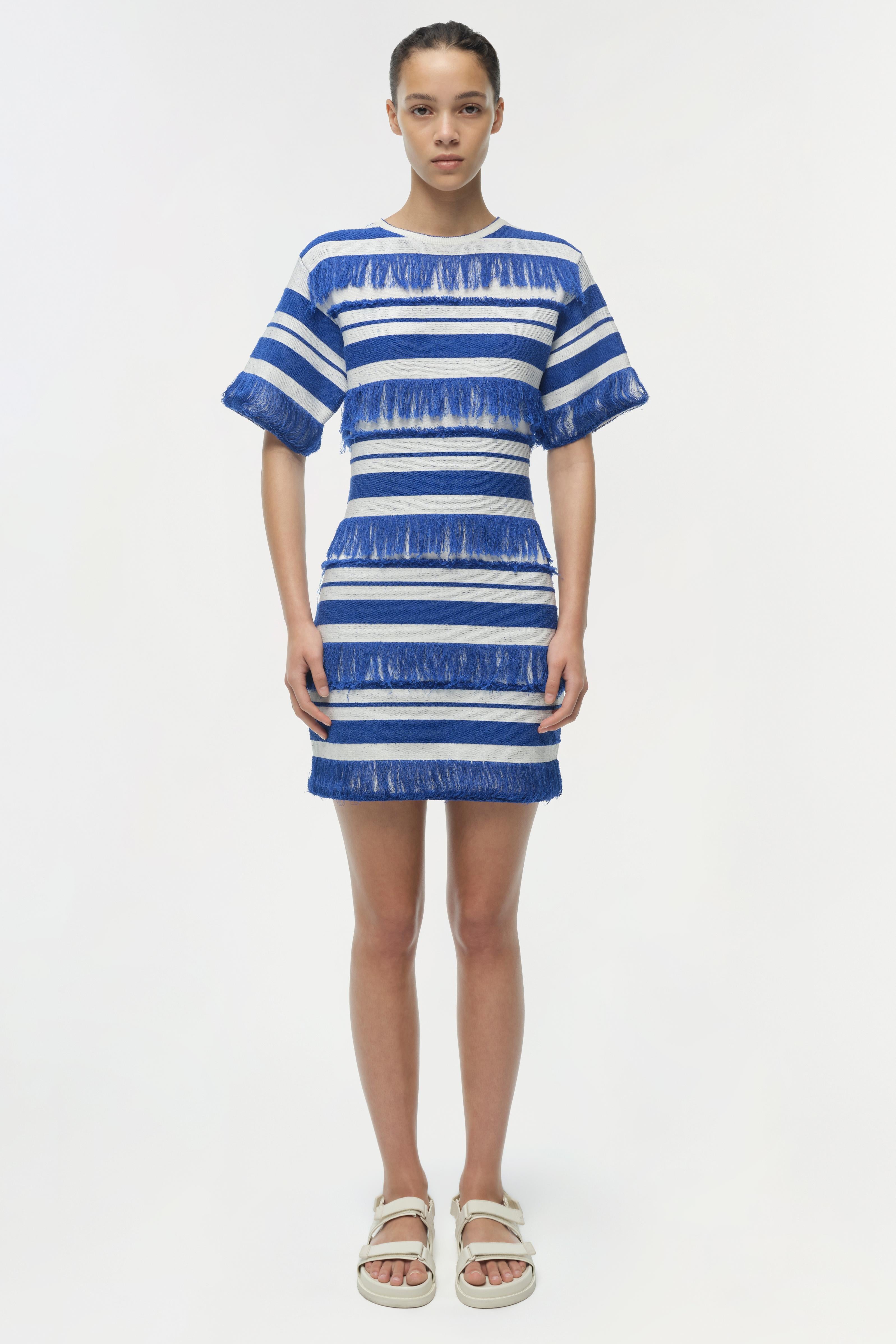 Torrance Stripe Knit Fringe Mini T-Shirt Dress XS / Blue
