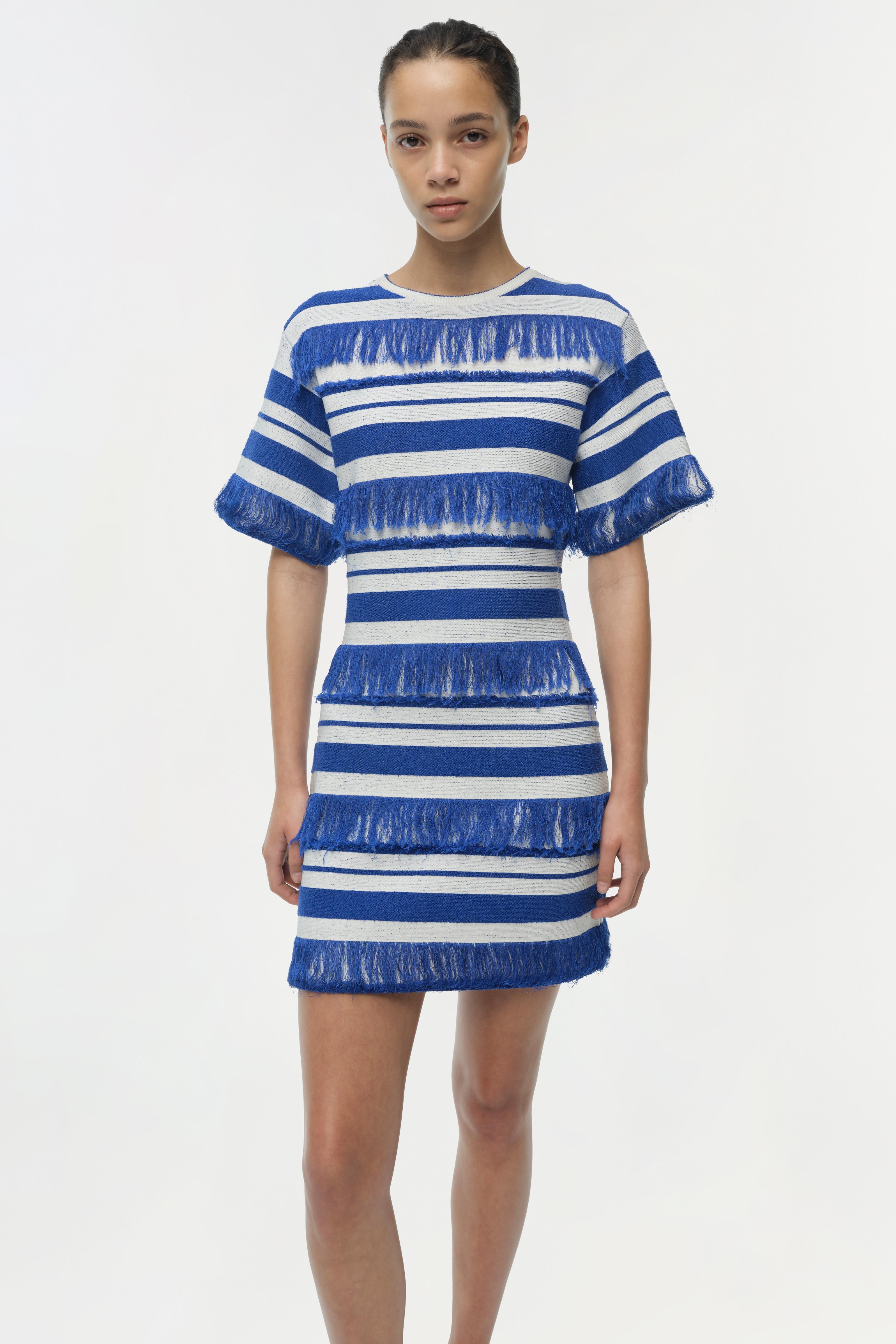 SIMKHAI Women's Short Sleeve Torrance Knit Mini Dress in Royal Blue Stripe, Size XS