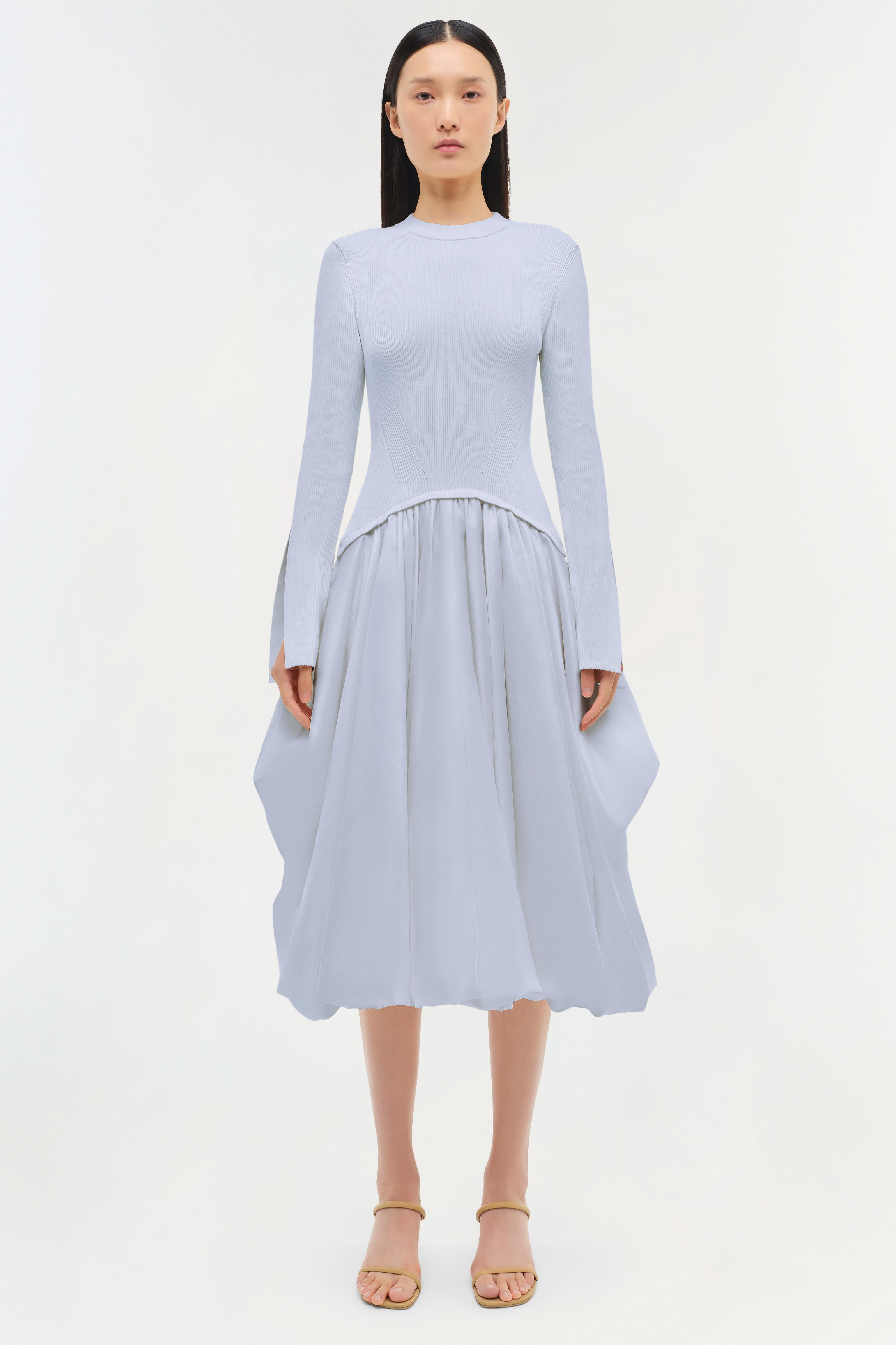 Simkhai Kenlie Mixed Media Bubble Midi Dress, Blue, Women's, Medium, Cocktail & Party Wedding Guest Dresses Midi Dresses Simkhai Kenlie Mixed Media Bubble Midi Dress, Blue, Women's, Medium, Cocktail & Party Wedding Guest Dresses Midi Dresses
