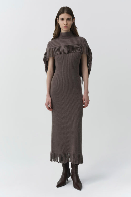 Charcoal ribbed knit midi dress with fringe trim at shoulders and hem, mock neckline.