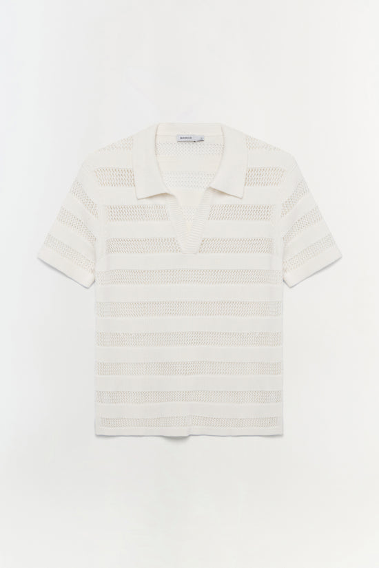 Cream mesh polo shirt with horizontal stripes and short sleeves displayed on a neutral background.