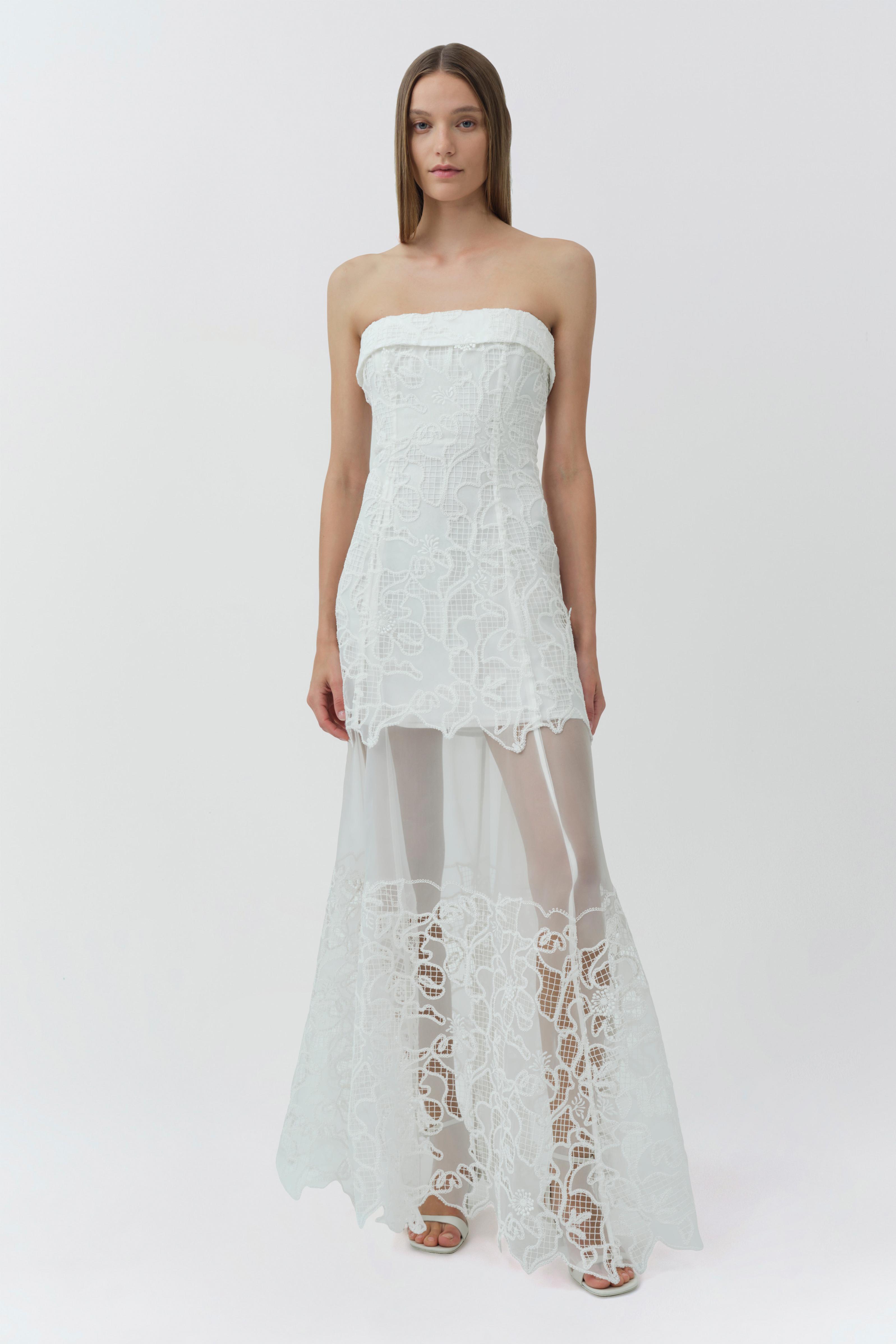 corset organza maxi dress in white Ivory Cascade Layered Organza Corset Gown