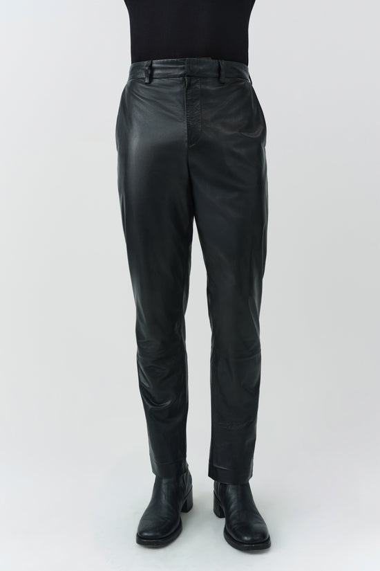 Black leather pants with straight leg fit and front waistband detail.