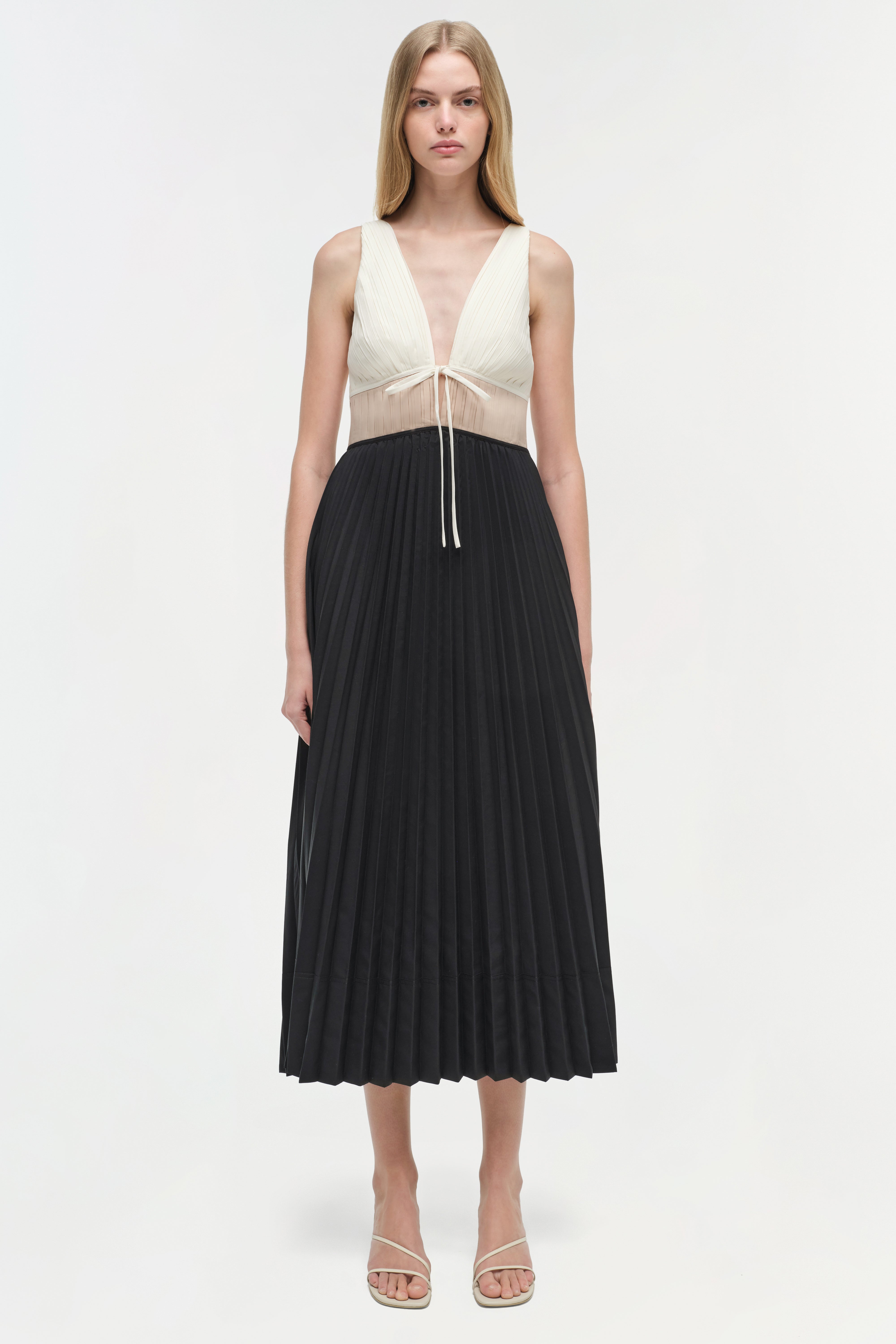 SIMKHAI Women's V-neck Stephanie Pleated Poplin Midi Dress in Black/Multi, Size 8