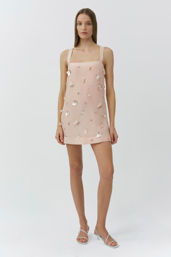 Sleeveless square-neckline mini dress in pale pink organza with scattered floral embellishments throughout.