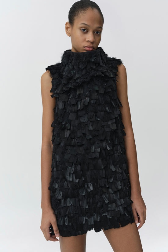 Black sleeveless mini dress with layered feather detailing throughout and high neckline.