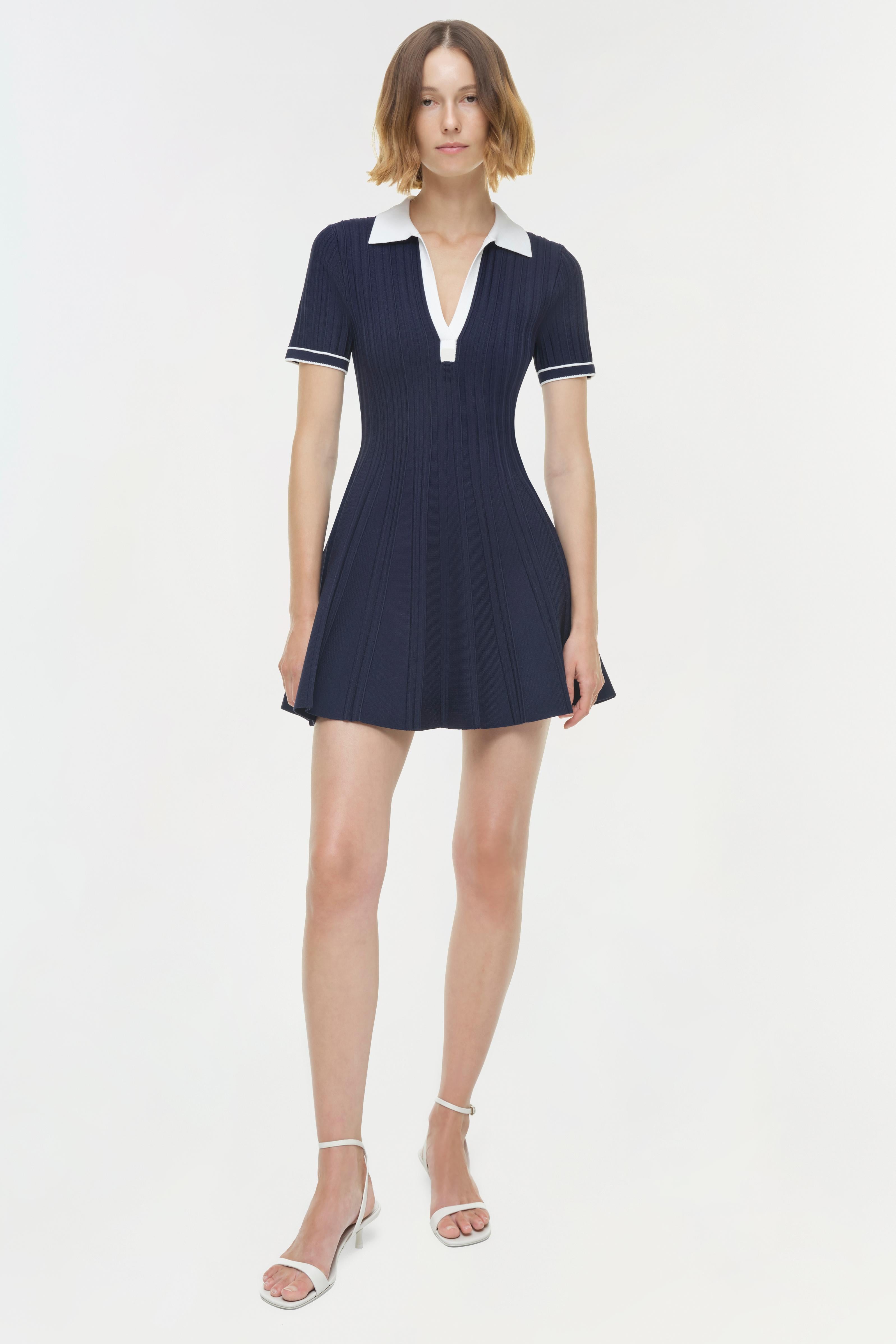 short sleeve polo mini dress Avec Les Filles Women's Blanket Stitch Spread Collar Mini Dress - Ice Blue
