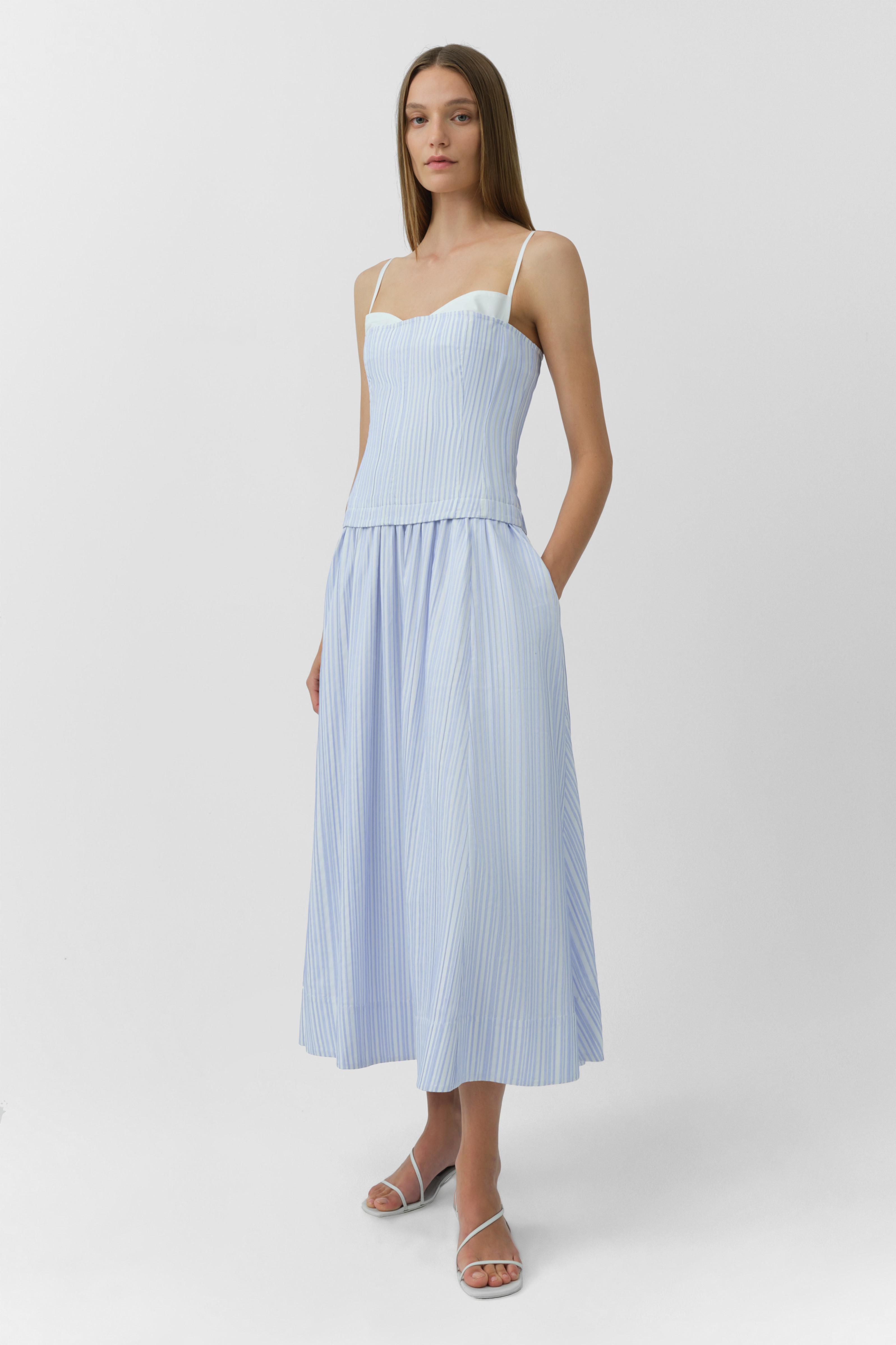 SIMKHAI Women's Quinlin Bustier Midi Dress in Blue Stripe, Size 0