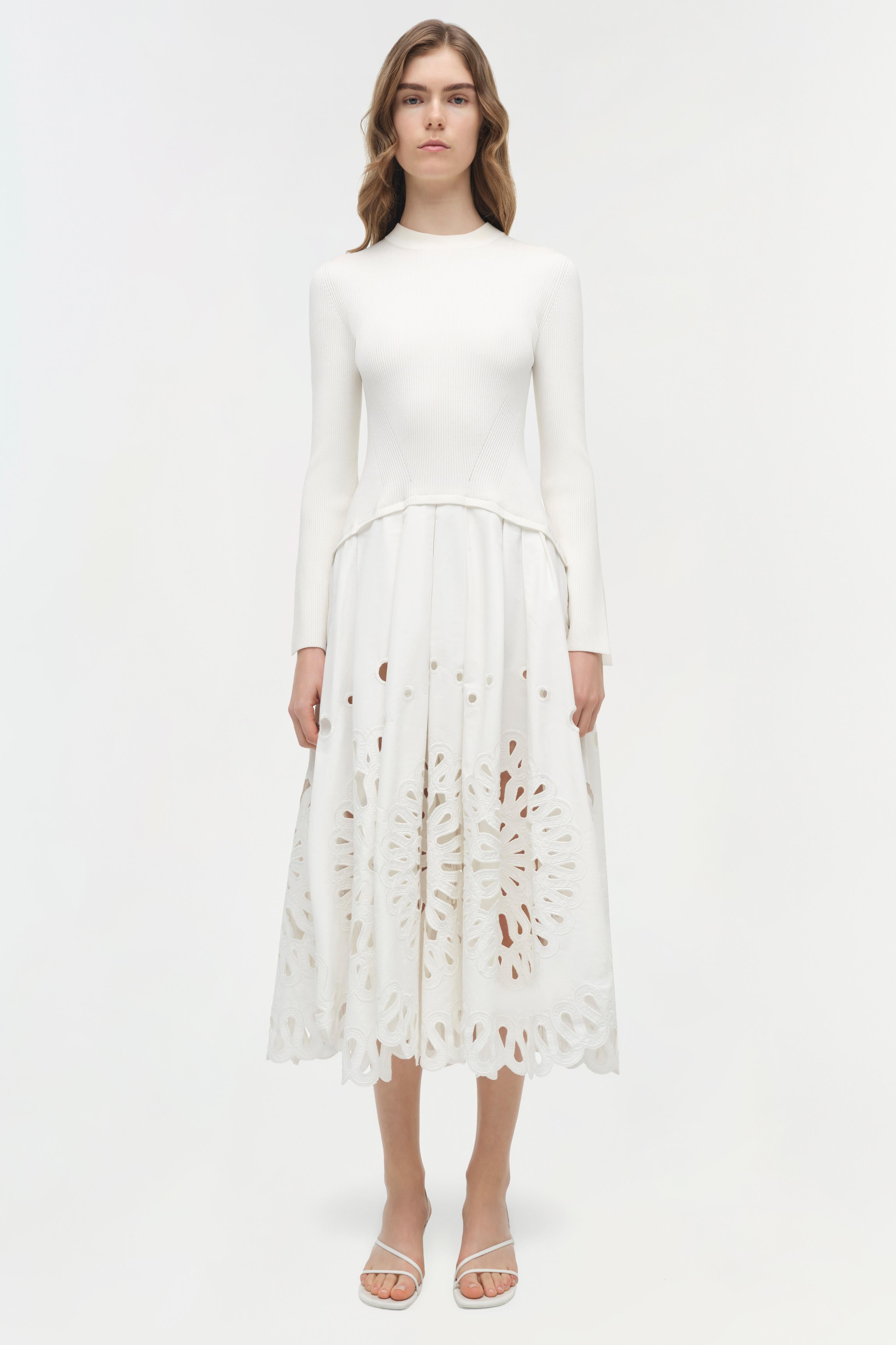 SIMKHAI Women's Daila Embroidered Knit Midi Dress in White, Size XL SIMKHAI Women's Daila Embroidered Knit Midi Dress in White, Size XL