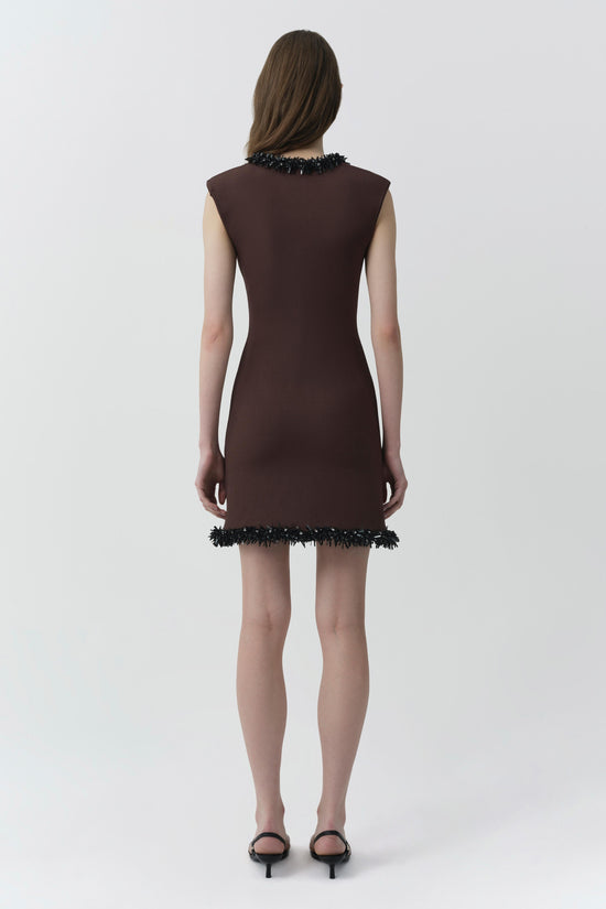Brown sleeveless mini dress with black fringe trim at neckline and hem, worn with black heeled sandals.
