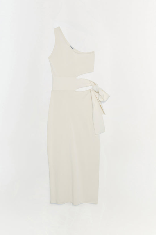 Cream sleeveless dress with asymmetrical neckline, cutout waist detail, and tied side sash.