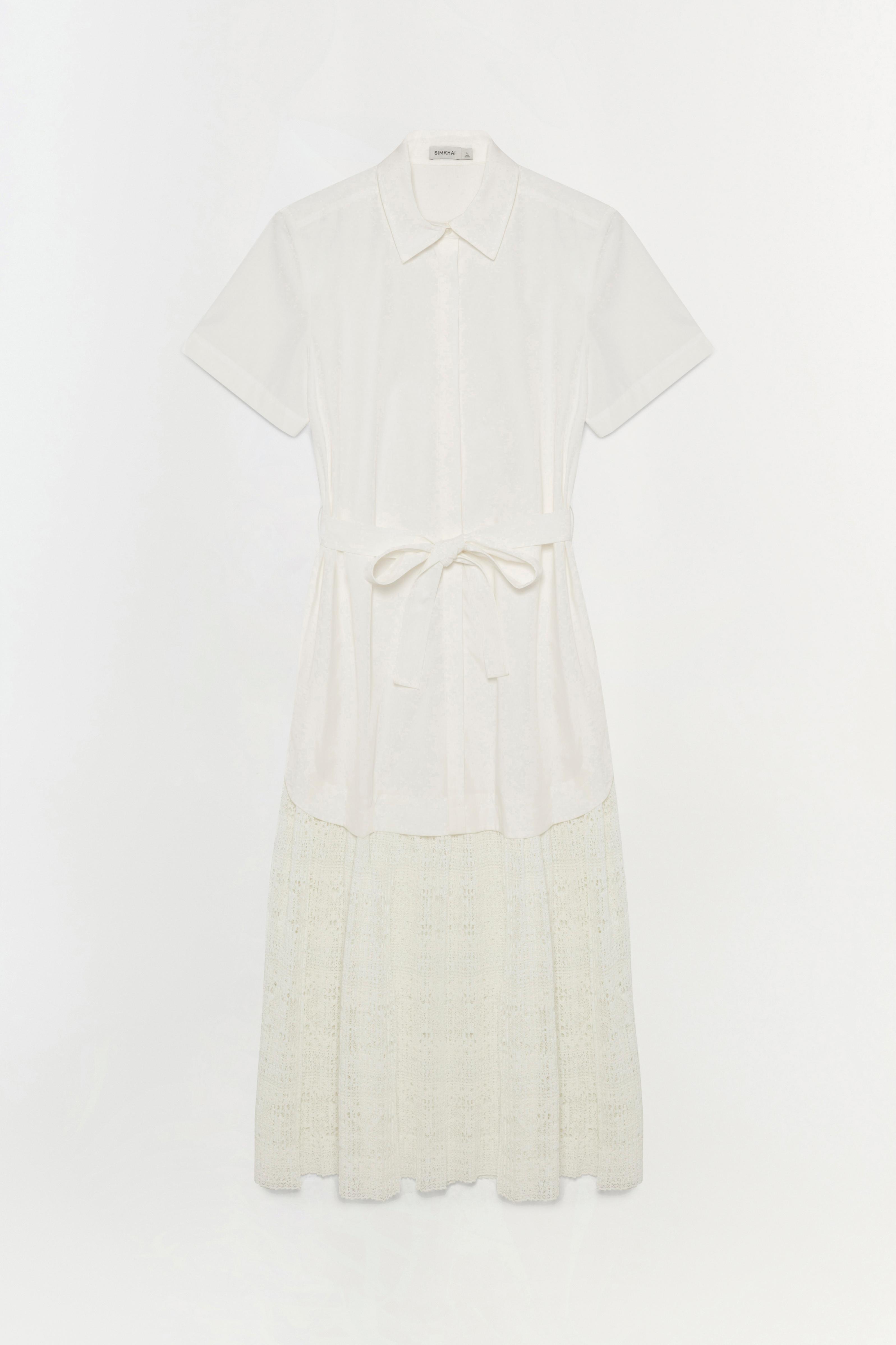 white shirt lace dress ROSEE de MATIN LACE HIGH-NECK MIDI DRESS IN White