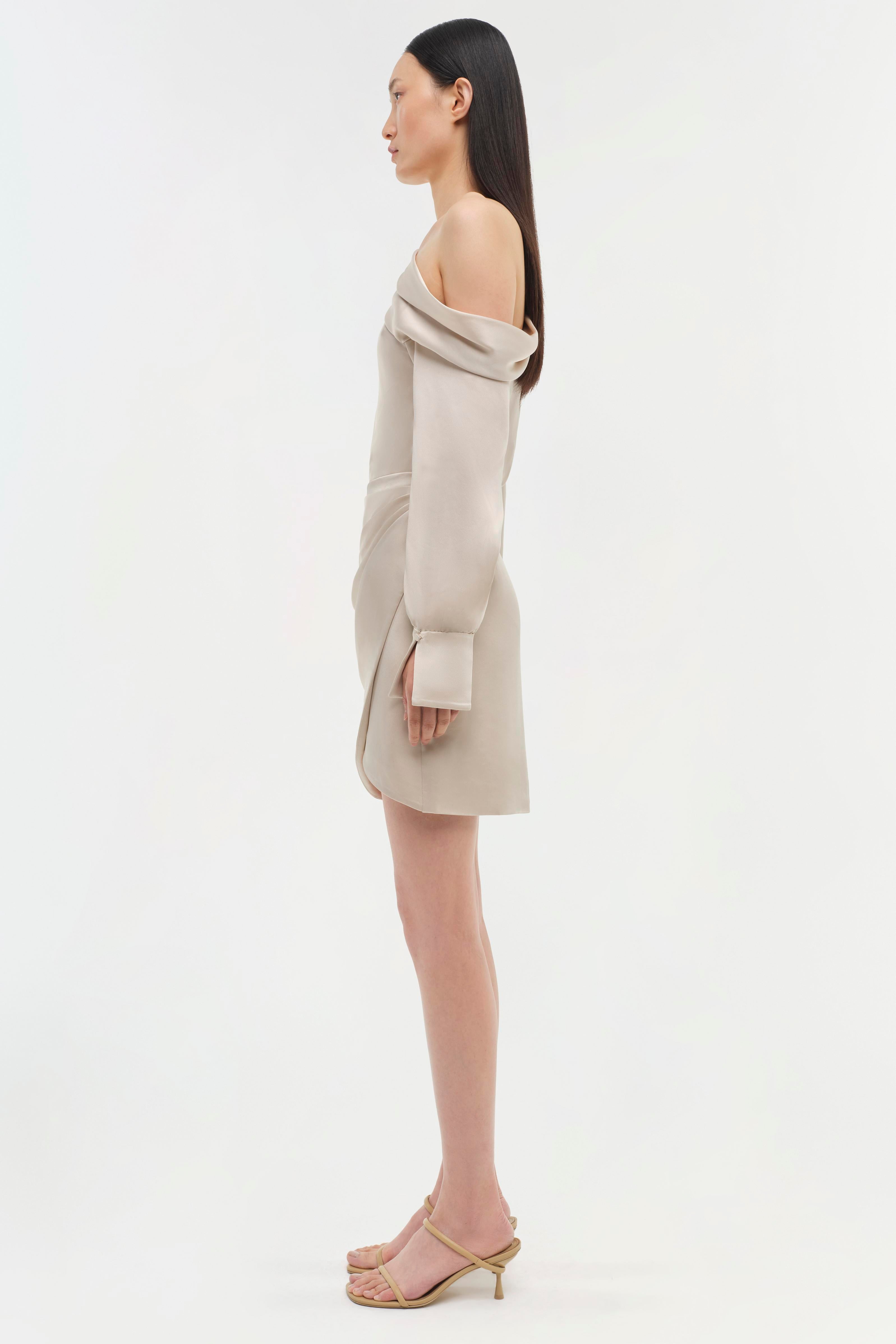 Signature Cameron One Shoulder Mini Dress - Beige | SIMKHAI Signature Cameron One Shoulder Mini Dress - Beige | SIMKHAI