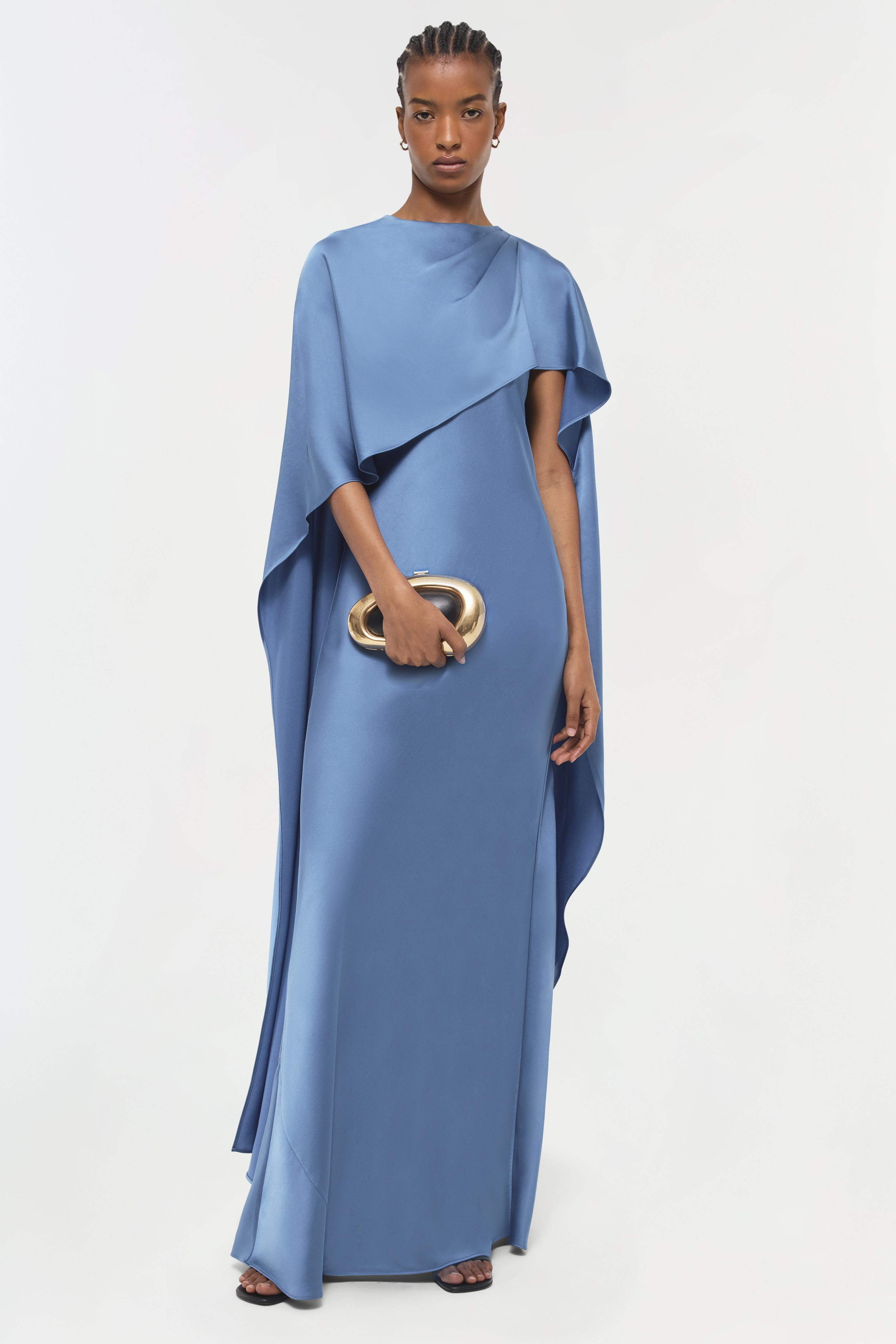 Blue Cape Navy Cape Style Wrap Midi Dress Maxi Formal Modest Cape Satin Cream Dress Modest Blue Cape Navy Cape Style Wrap Midi Dress Maxi Formal Modest Cape Satin Cream Dress Modest