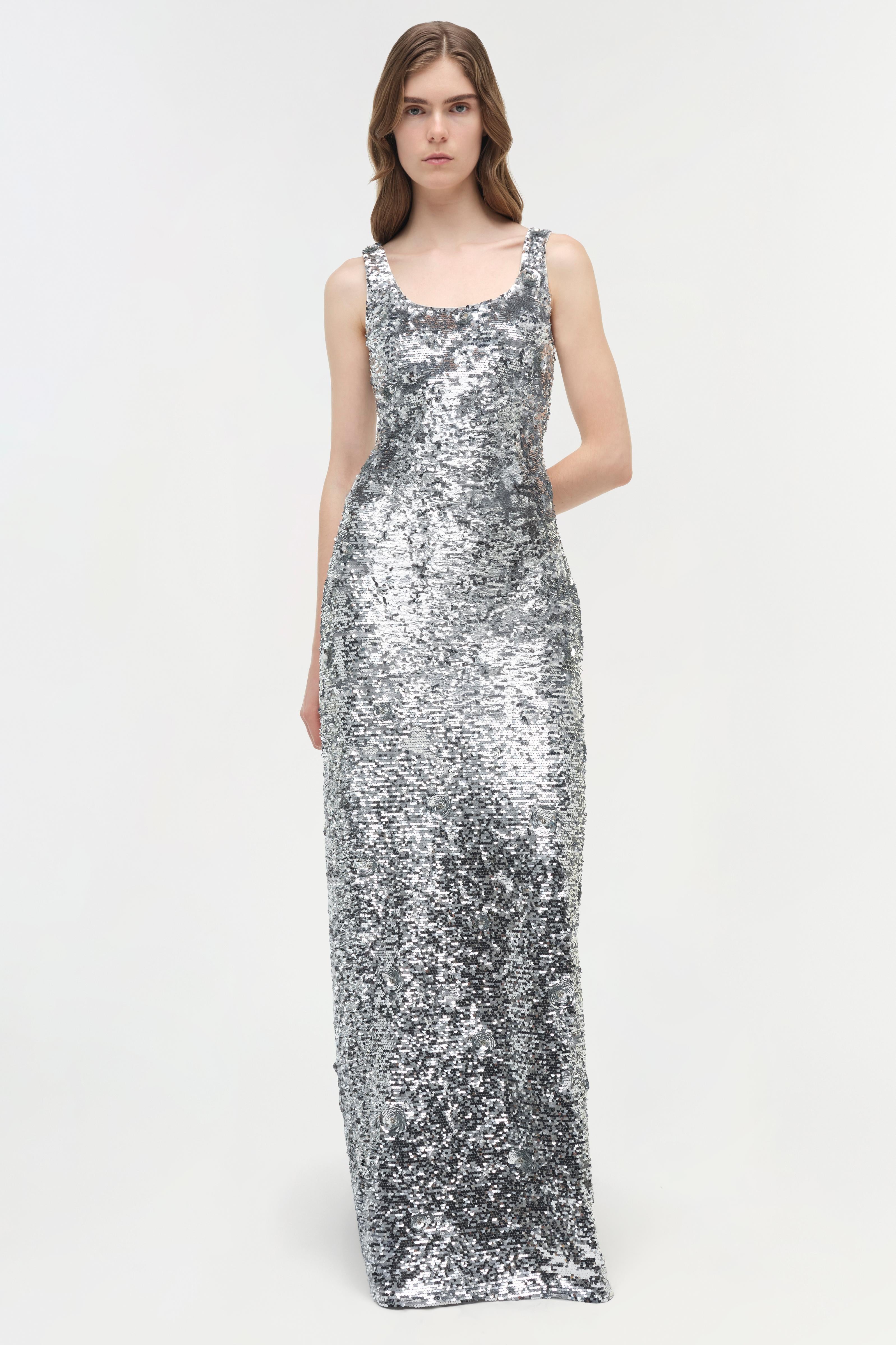 SIMKHAI Women's Bex Embellished Maxi Dress in Silver, Sequin, Size 4 SIMKHAI Women's Bex Embellished Maxi Dress in Silver, Sequin, Size 4