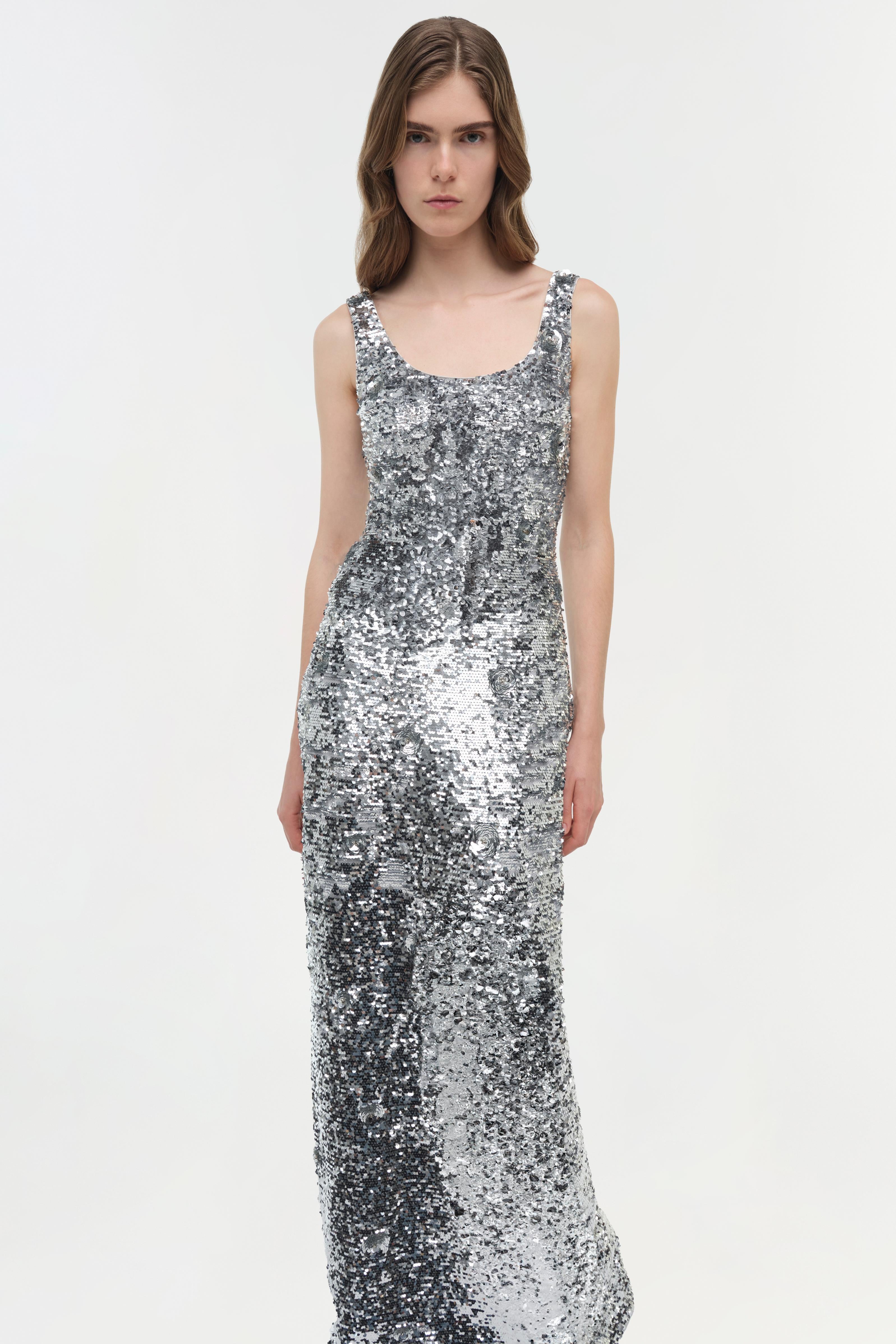 SIMKHAI Women's Bex Embellished Maxi Dress in Silver, Sequin, Size 4 SIMKHAI Women's Bex Embellished Maxi Dress in Silver, Sequin, Size 4