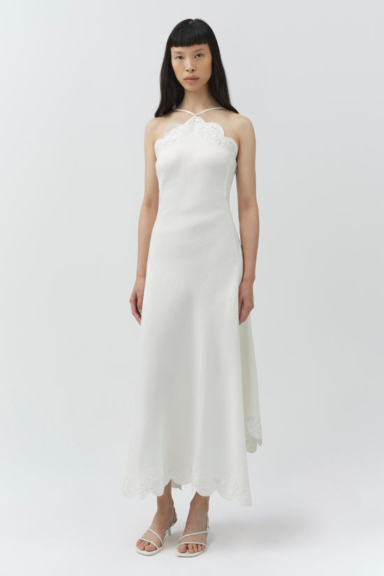 SIMKHAI Women's Gillian Embroidered Linen Midi Dress in White, Lace, Size 8 SIMKHAI Women's Gillian Embroidered Linen Midi Dress in White, Lace, Size 8