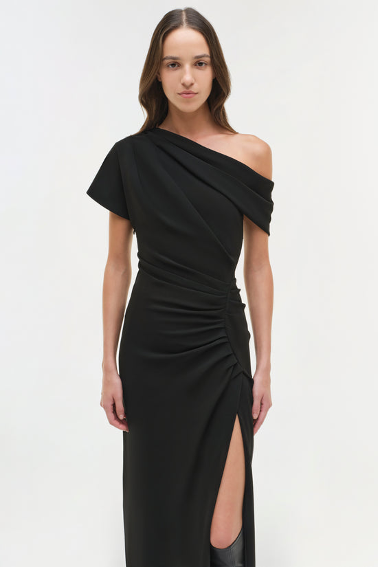 Black off-shoulder midi dress with draped neckline, ruched waist, and high slit.
