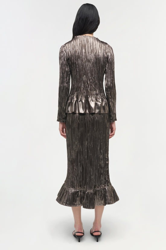 Metallic gunmetal plisse top with long sleeves and ruched waist detail, shown from back view on model.
