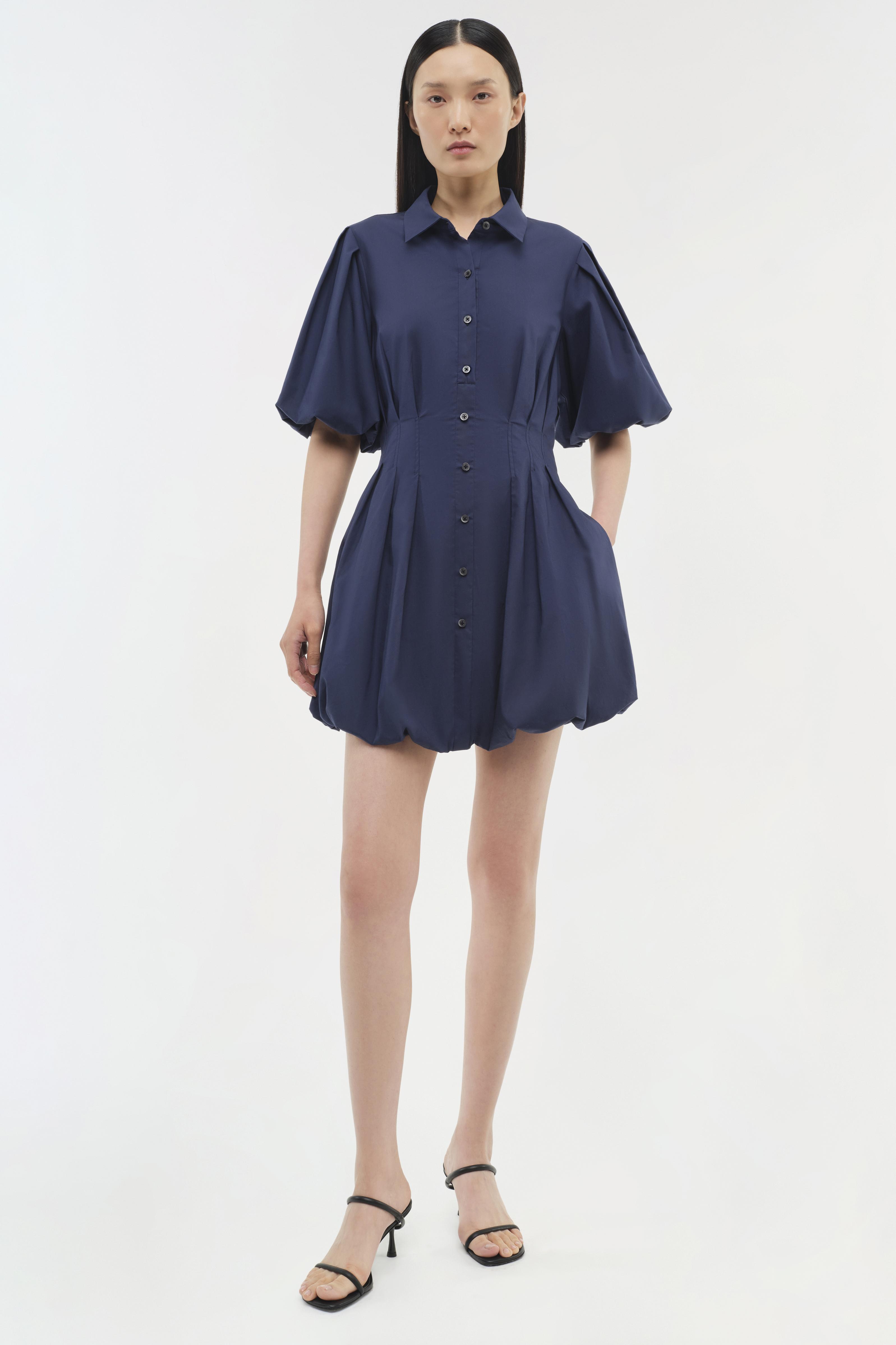 Simkhai Cleo Polin Balloon-Sleeve Pleated Mini Dress, Midnight, Women's, 6, Cocktail & Party Wedding Guest Dresses Mini Dresses
