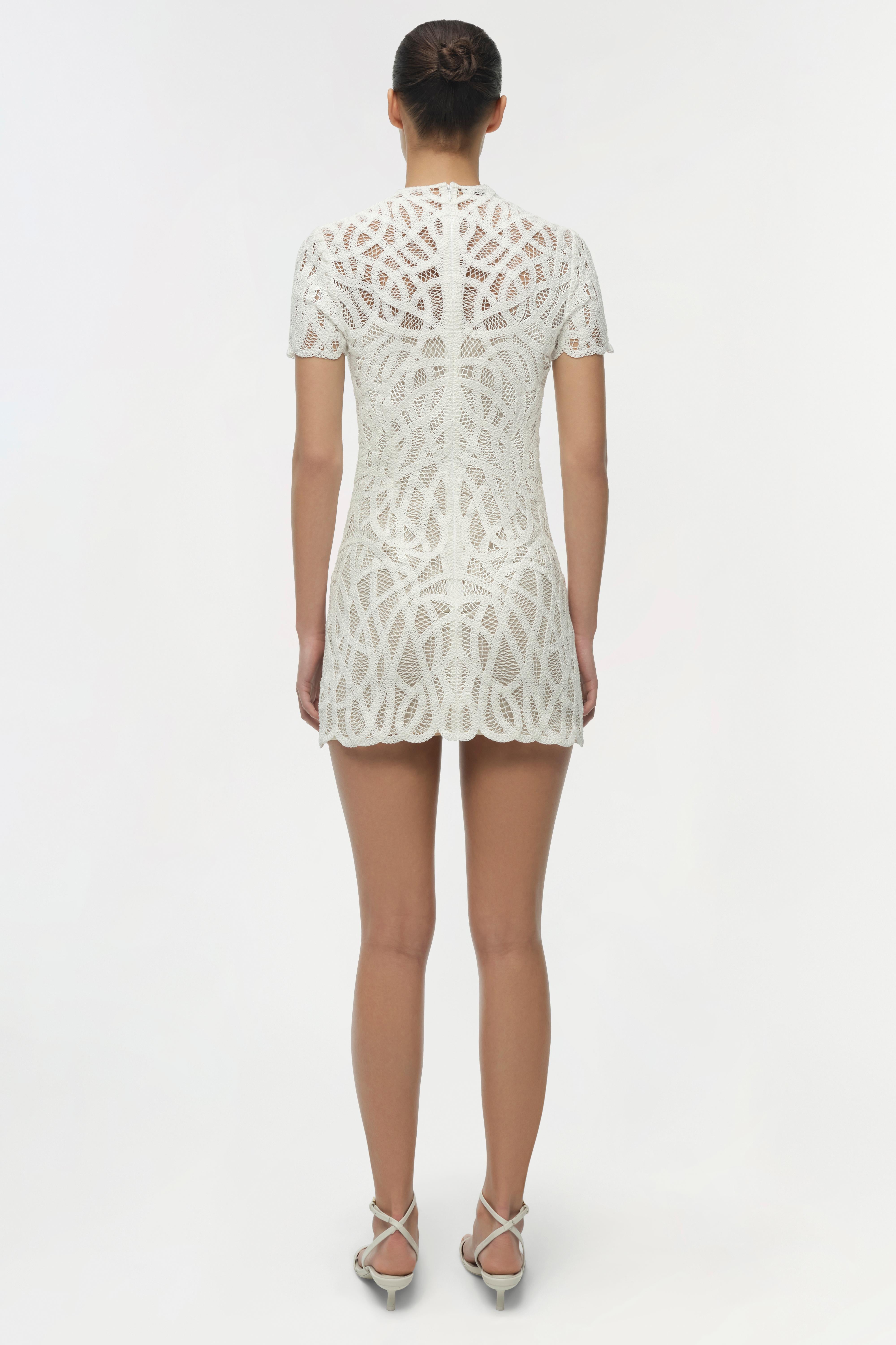 macrame mini dress Simkhai Desiree Periwinkle Macrame Short Sleeve Mini Dress
