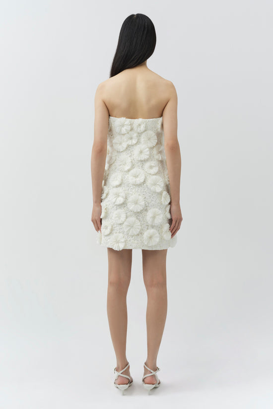 Cream strapless mini dress with textured floral raffia pattern, shown from back view on model.