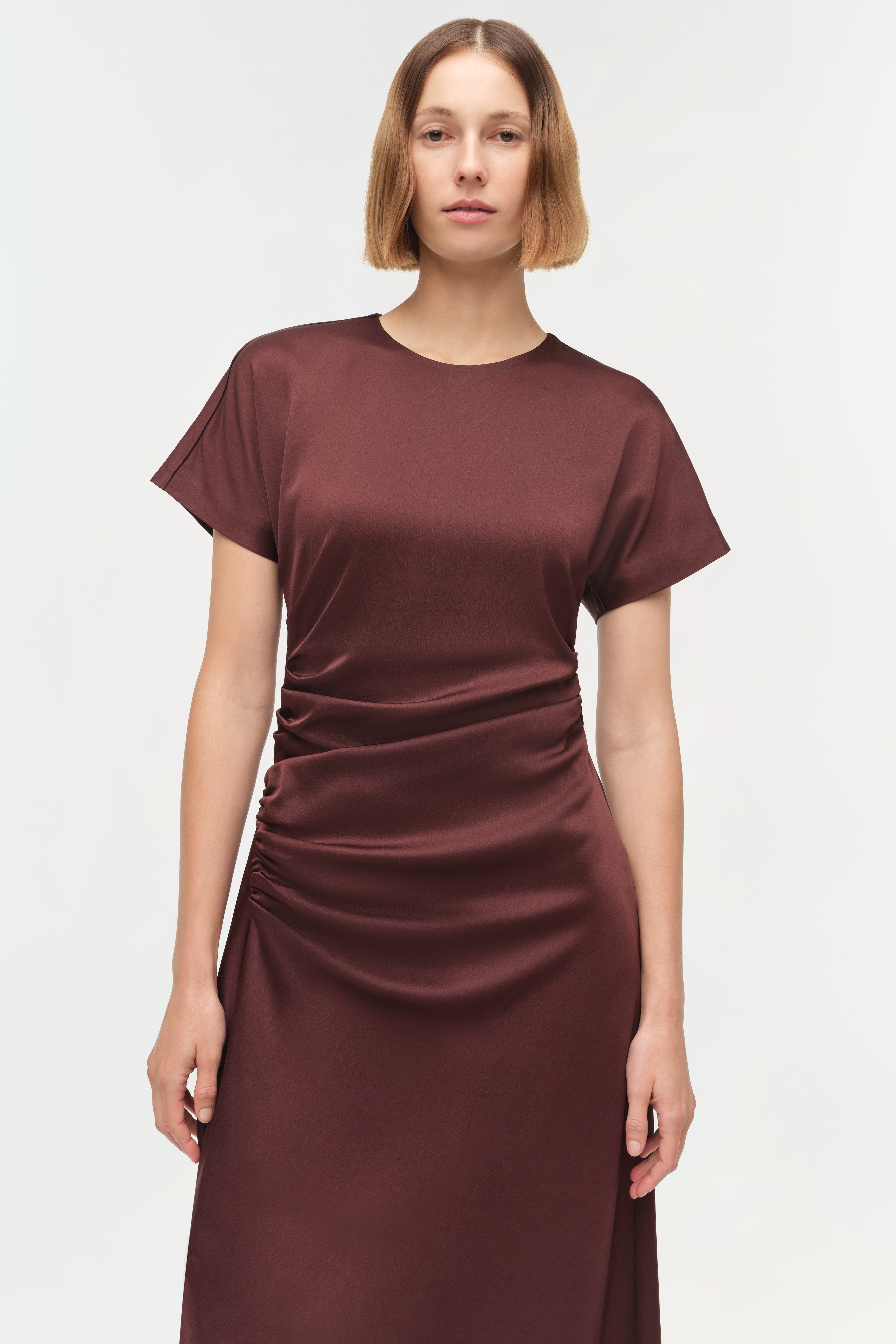 SIMKHAI Women's Marabella Draped Satin Midi Dress in Mahogany, Size 0 SIMKHAI Women's Marabella Draped Satin Midi Dress in Mahogany, Size 0