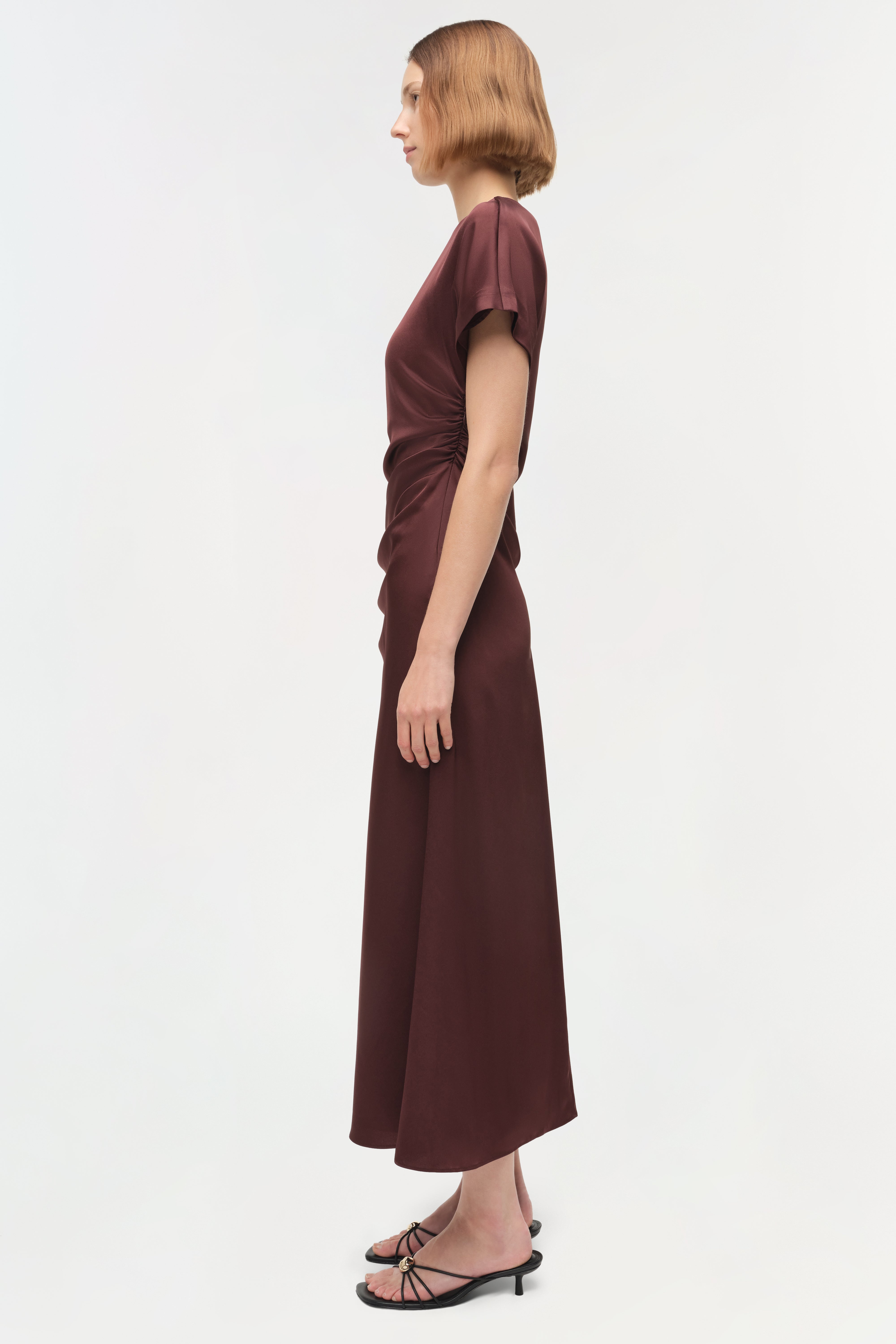 SIMKHAI Women's Marabella Draped Satin Midi Dress in Mahogany, Size 0 SIMKHAI Women's Marabella Draped Satin Midi Dress in Mahogany, Size 0