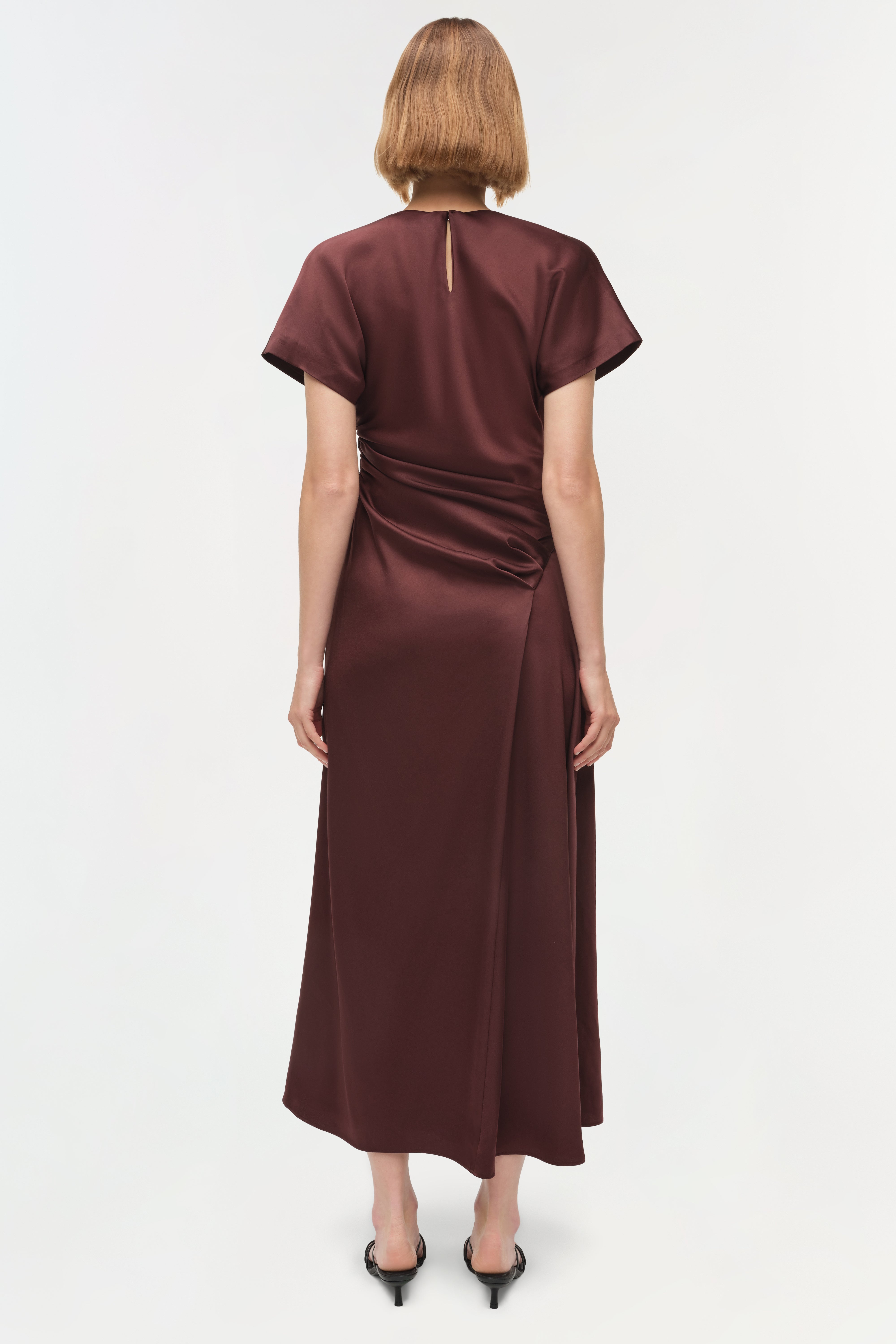 SIMKHAI Women's Marabella Draped Satin Midi Dress in Mahogany, Size 0 SIMKHAI Women's Marabella Draped Satin Midi Dress in Mahogany, Size 0